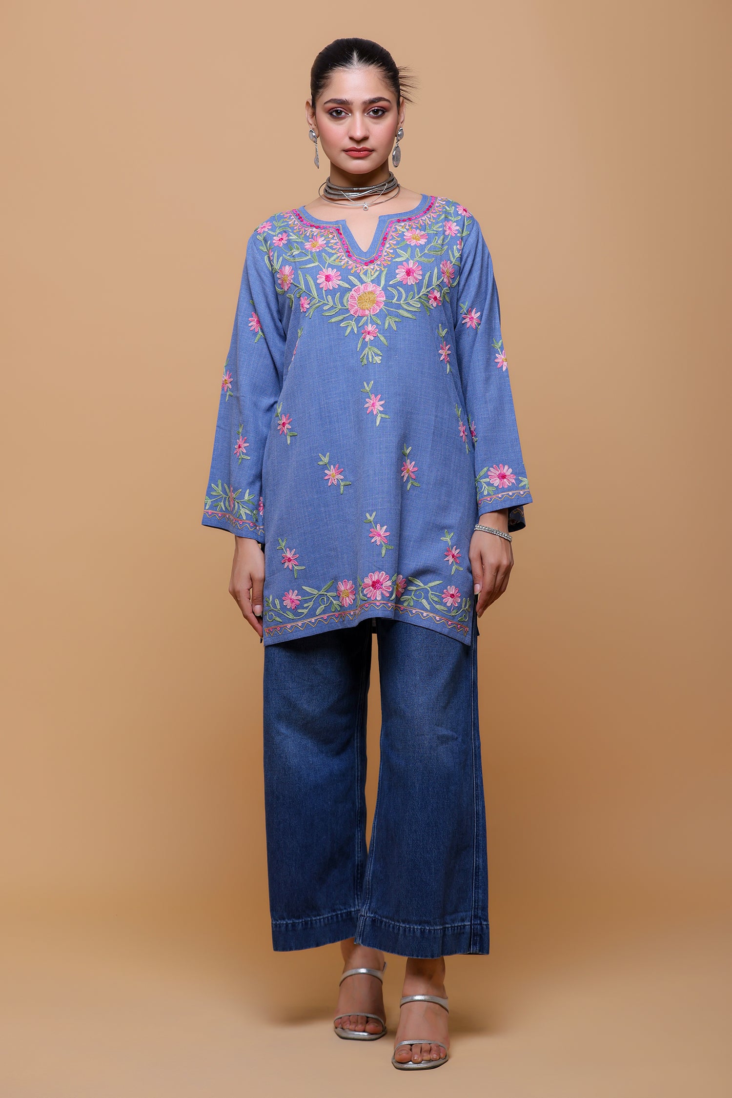 Denim Cotton Kashmiri Aari Short Kurta - Denim Blue