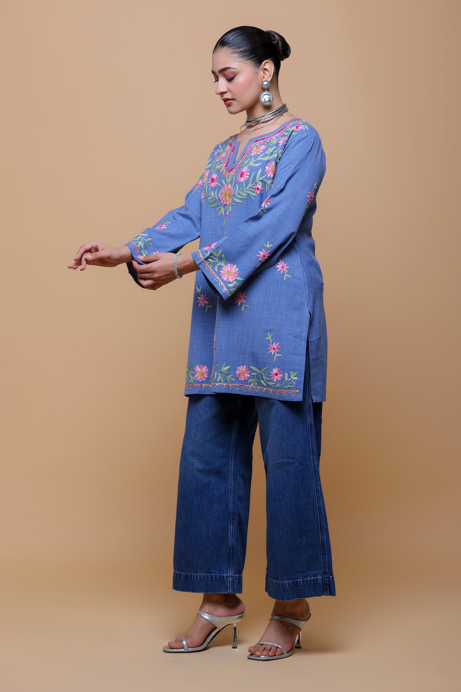 Denim Cotton Kashmiri Aari Short Kurta - Denim Blue