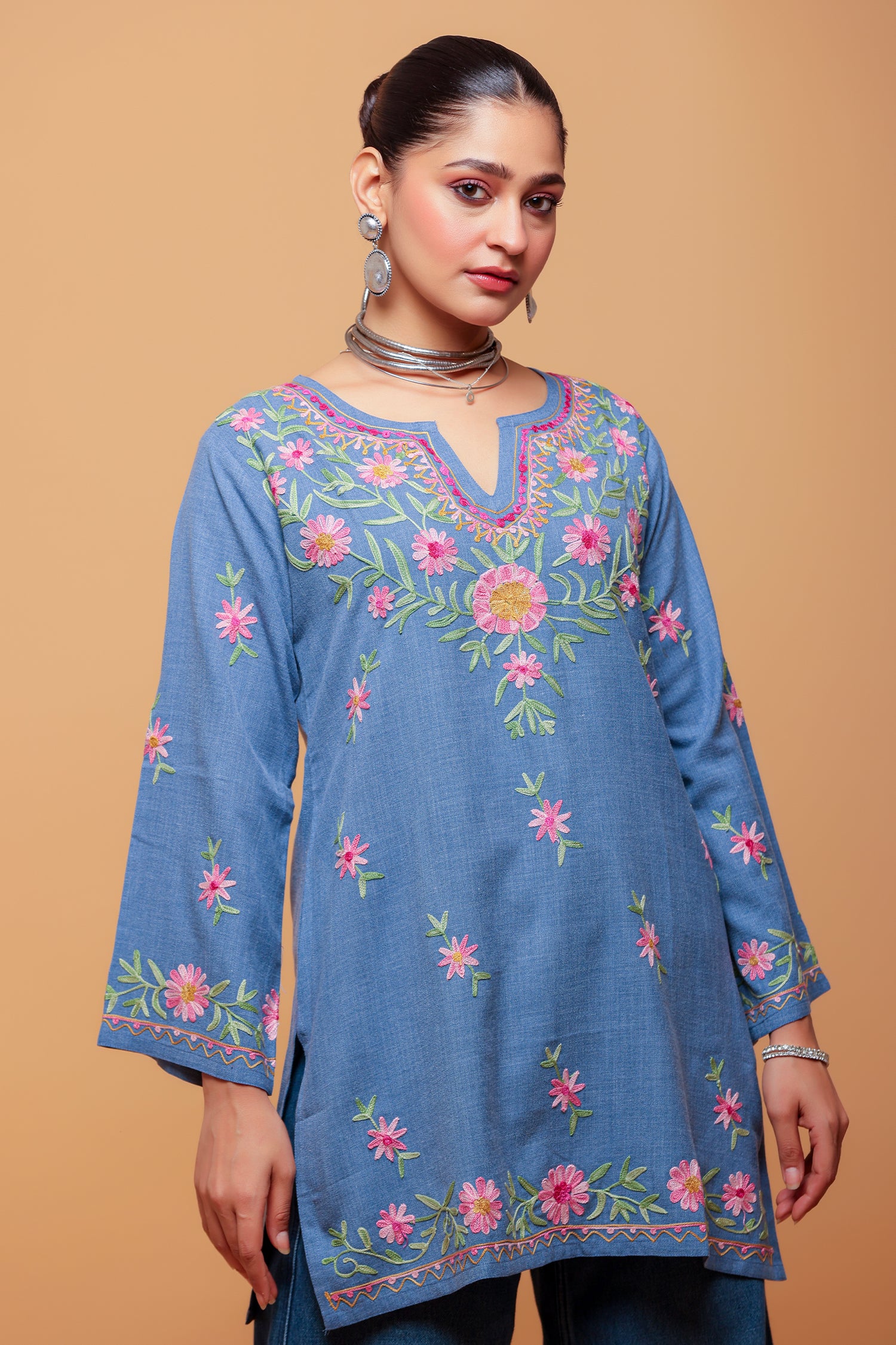 Denim Cotton Kashmiri Aari Short Kurta - Denim Blue