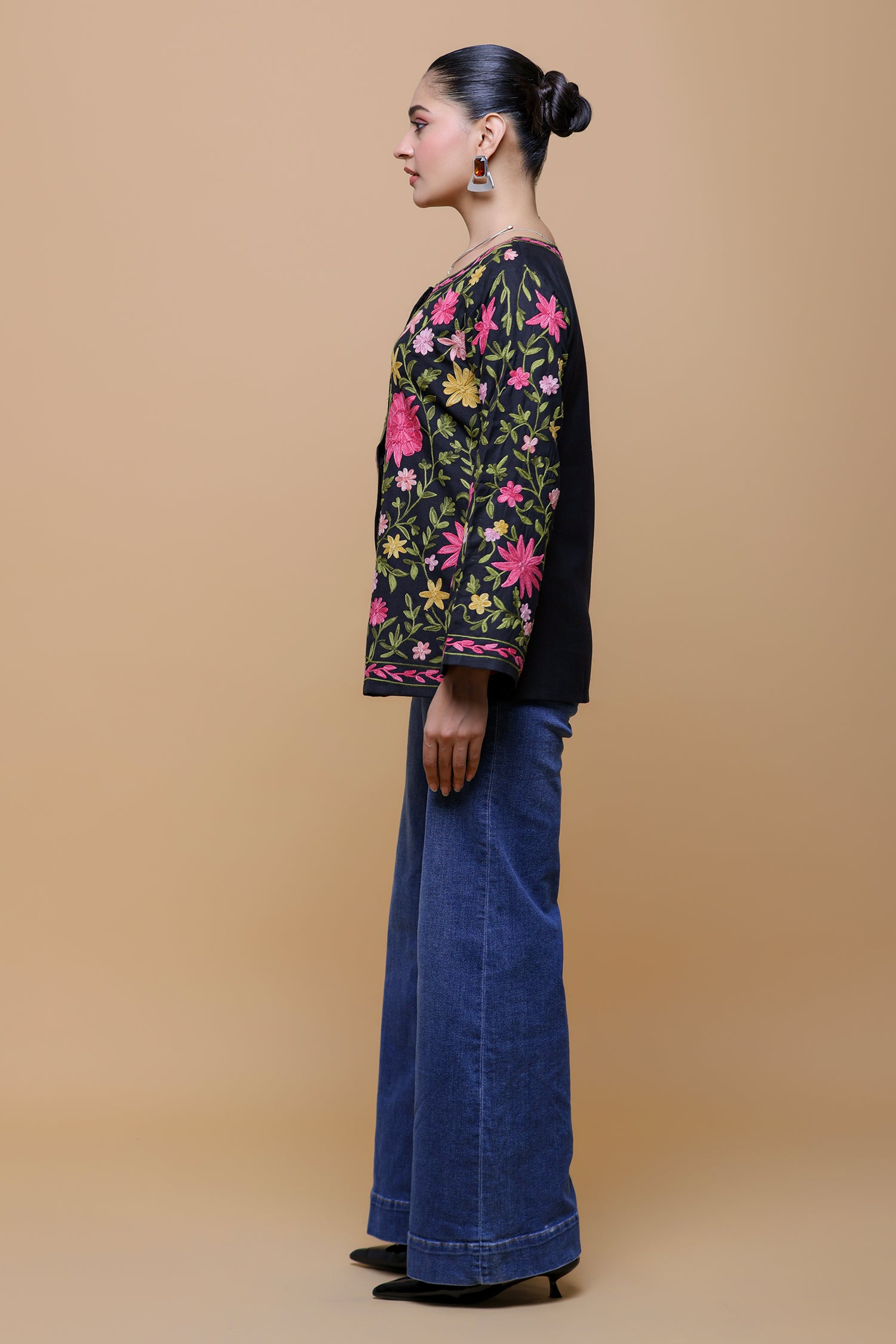 Cotton Kashmiri Aari Short Jacket - Black