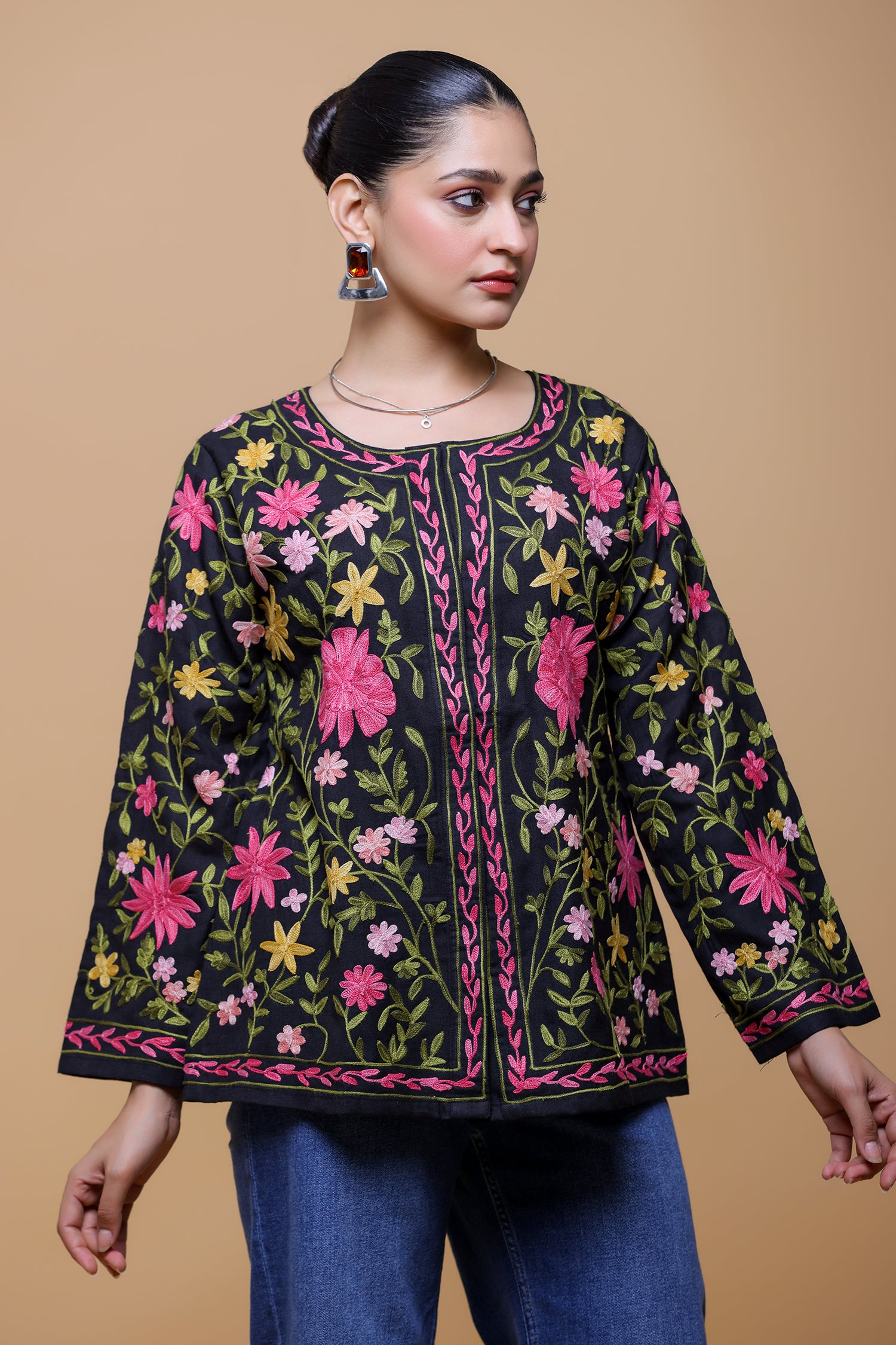 Cotton Kashmiri Aari Short Jacket - Black