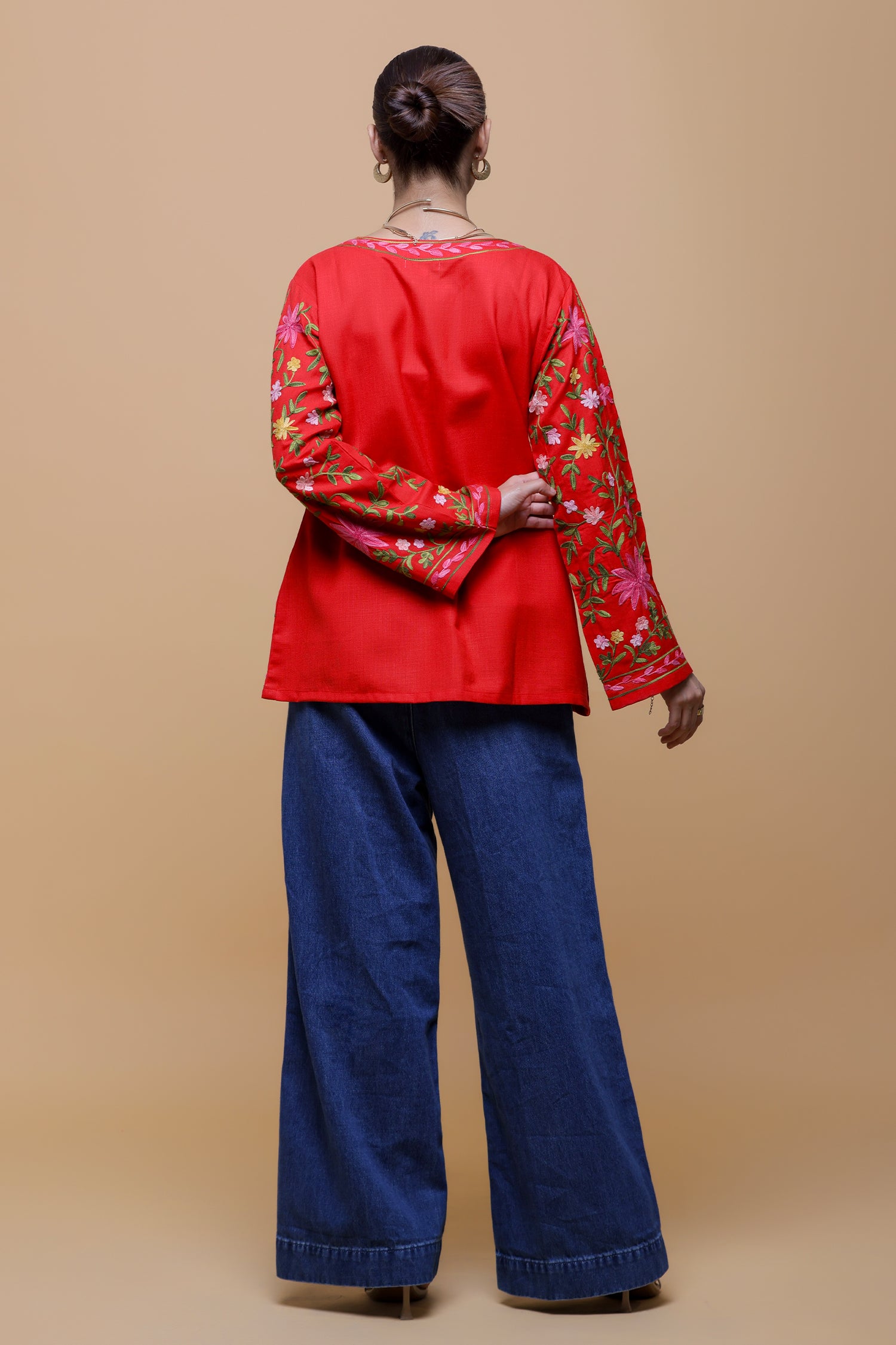 Cotton Kashmiri Aari Short Jacket - Red
