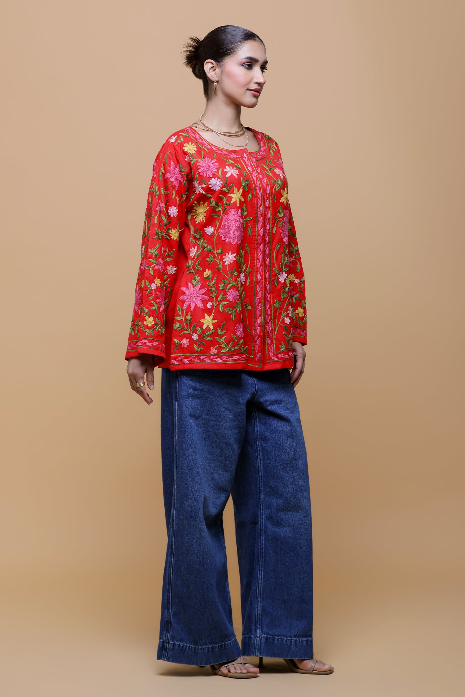 Cotton Kashmiri Aari Short Jacket - Red