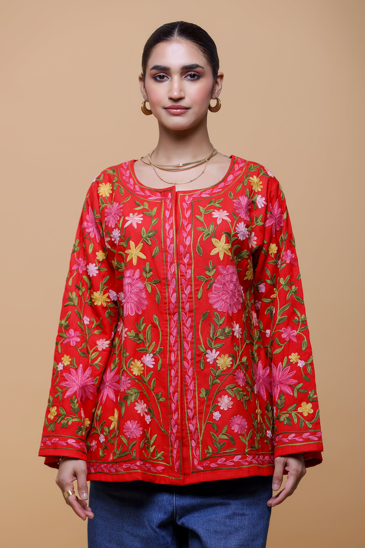 Cotton Kashmiri Aari Short Jacket - Red