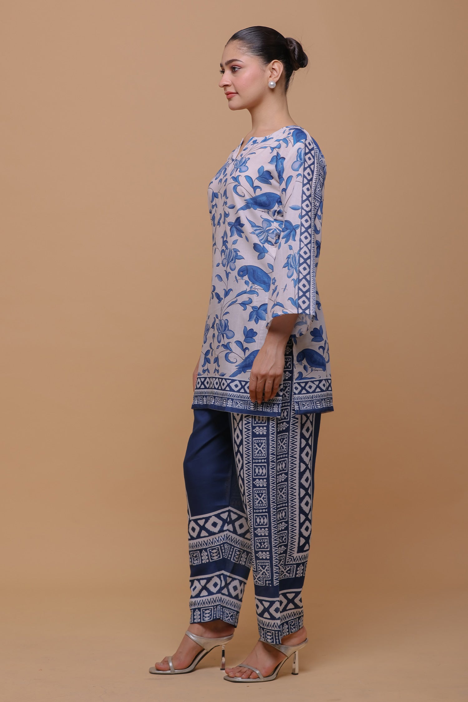 Neha x HOK in Ivory & Indigo Printed Lawn Cotton Co-ord Set with Straight Pants
