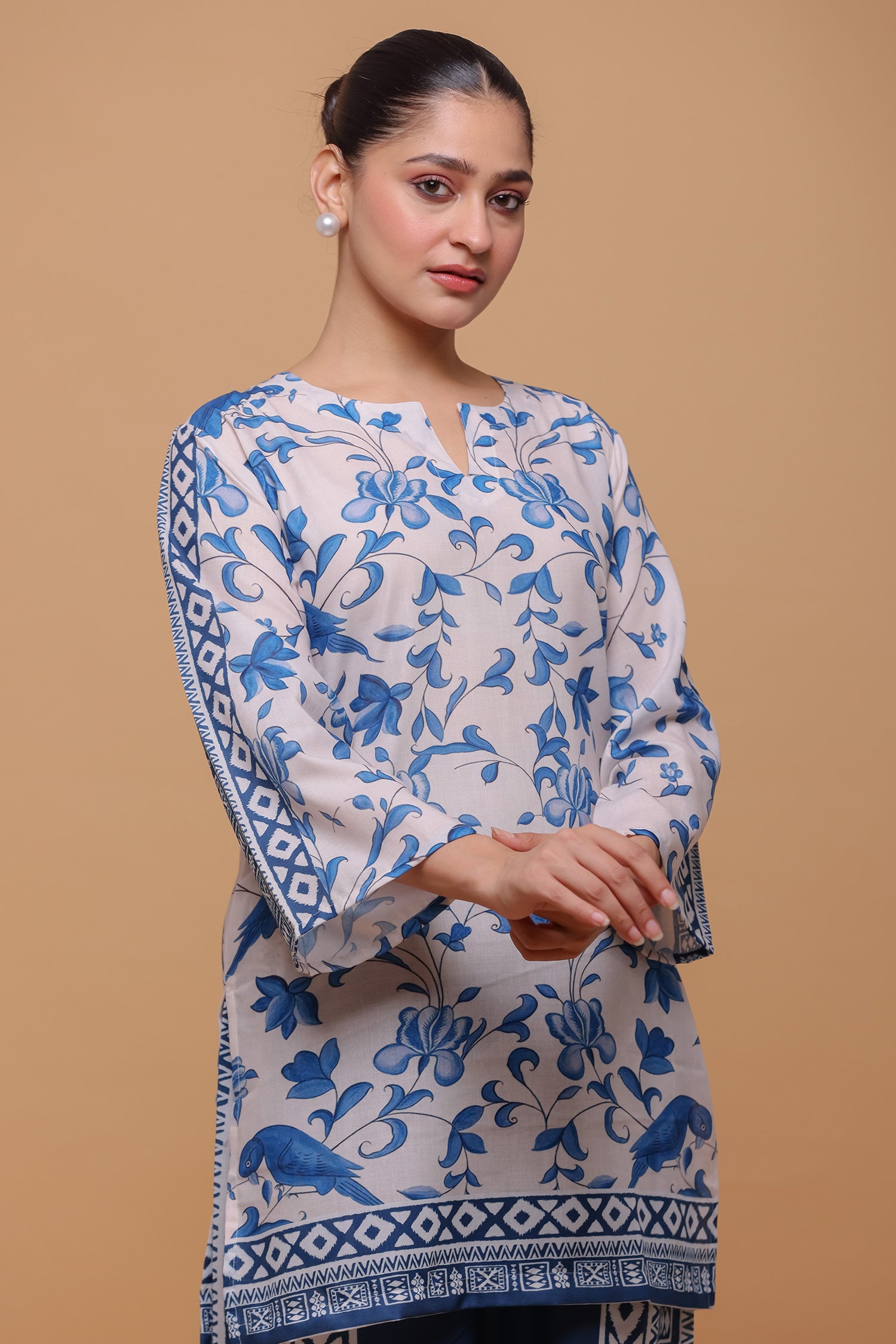 Neha x HOK in Ivory & Indigo Printed Lawn Cotton Co-ord Set with Straight Pants