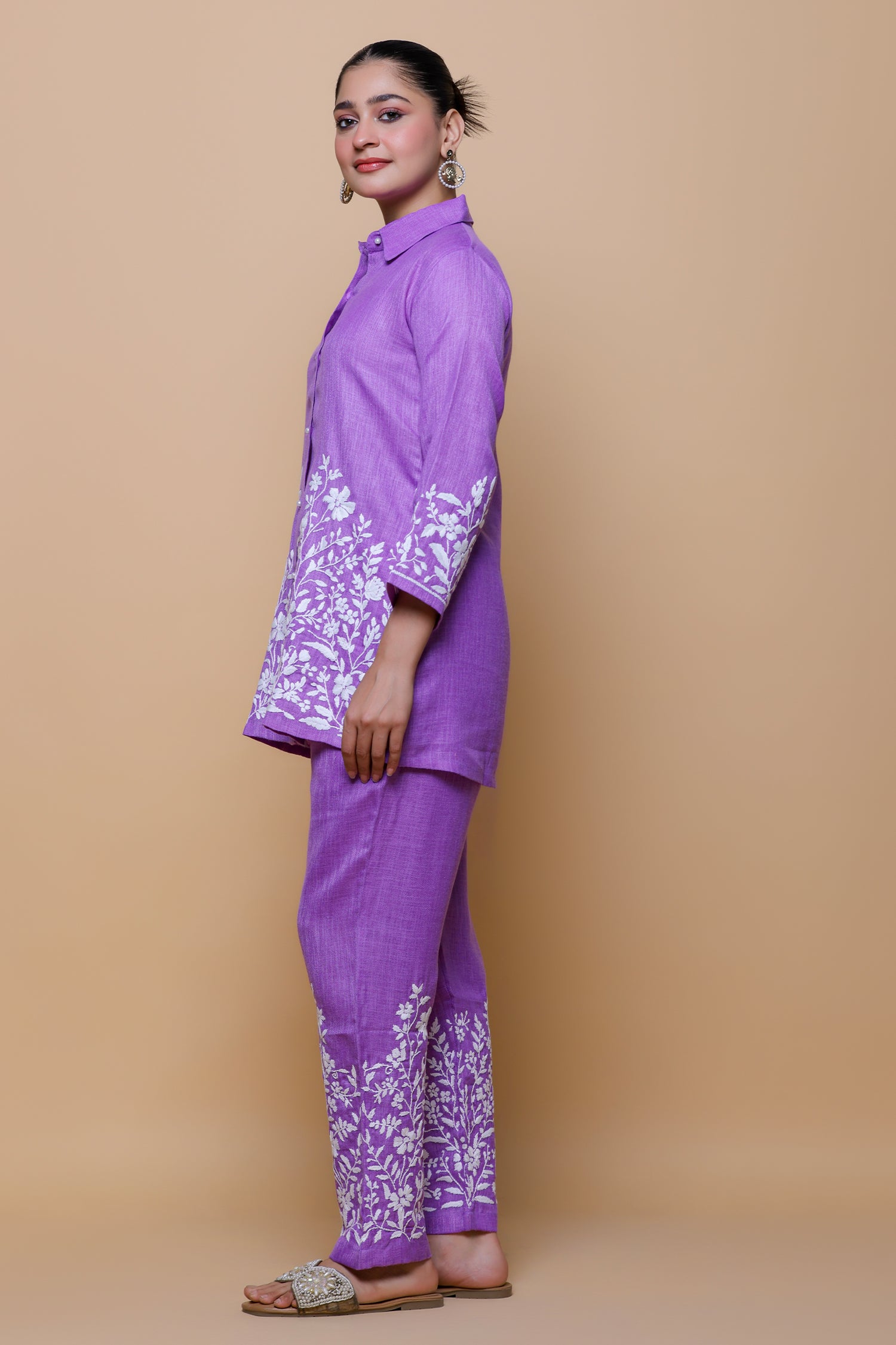 Slub Cotton Chikankari Kurta Set - Purple