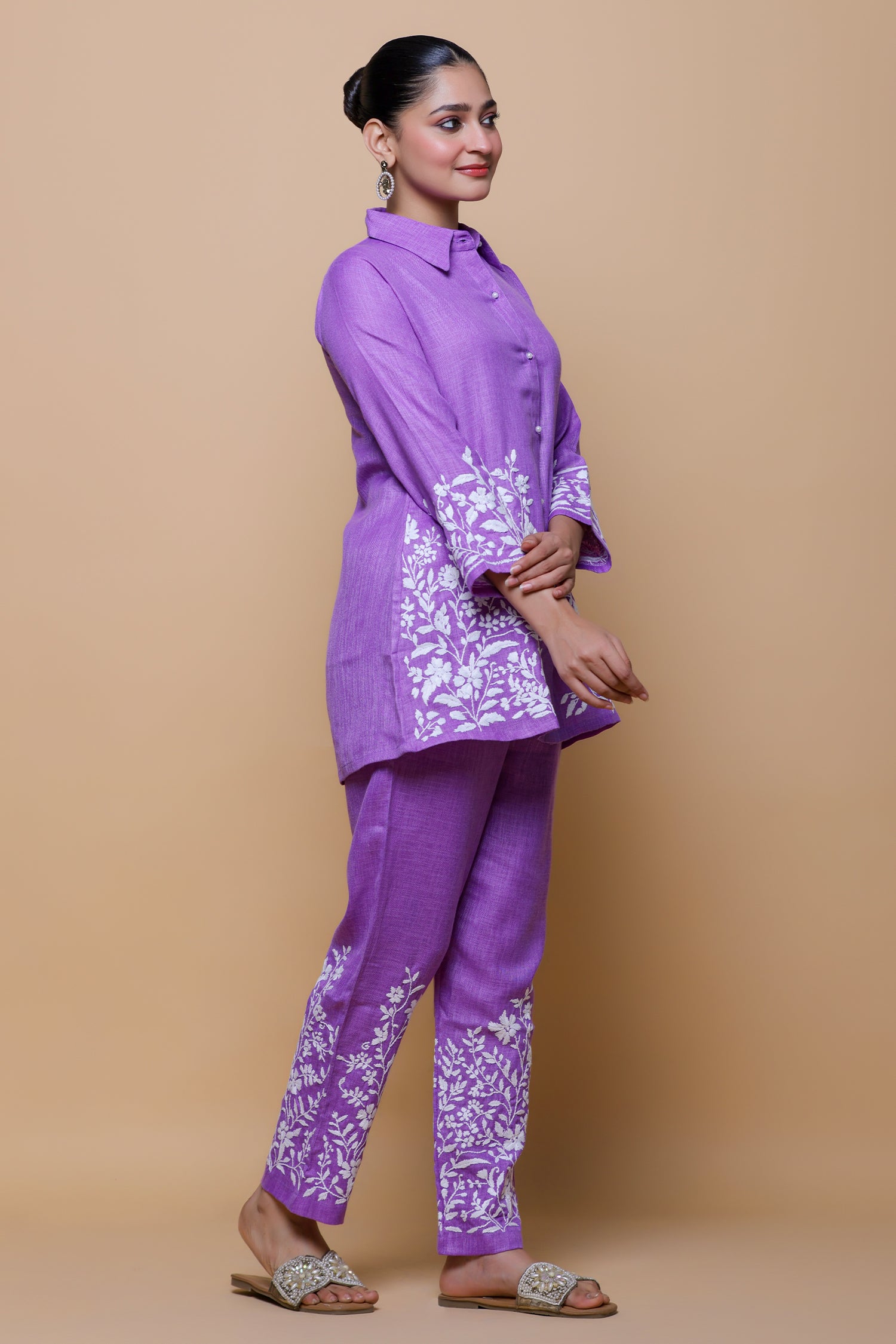 Slub Cotton Chikankari Kurta Set - Purple
