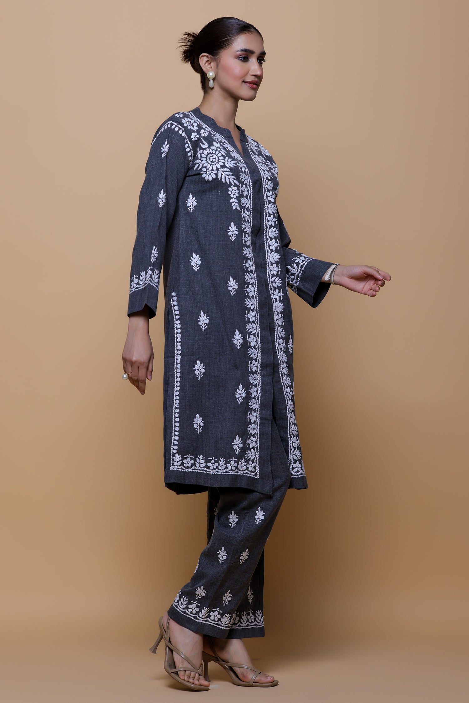 Denim Cotton Chikankari Kurta Set - Charcoal Grey