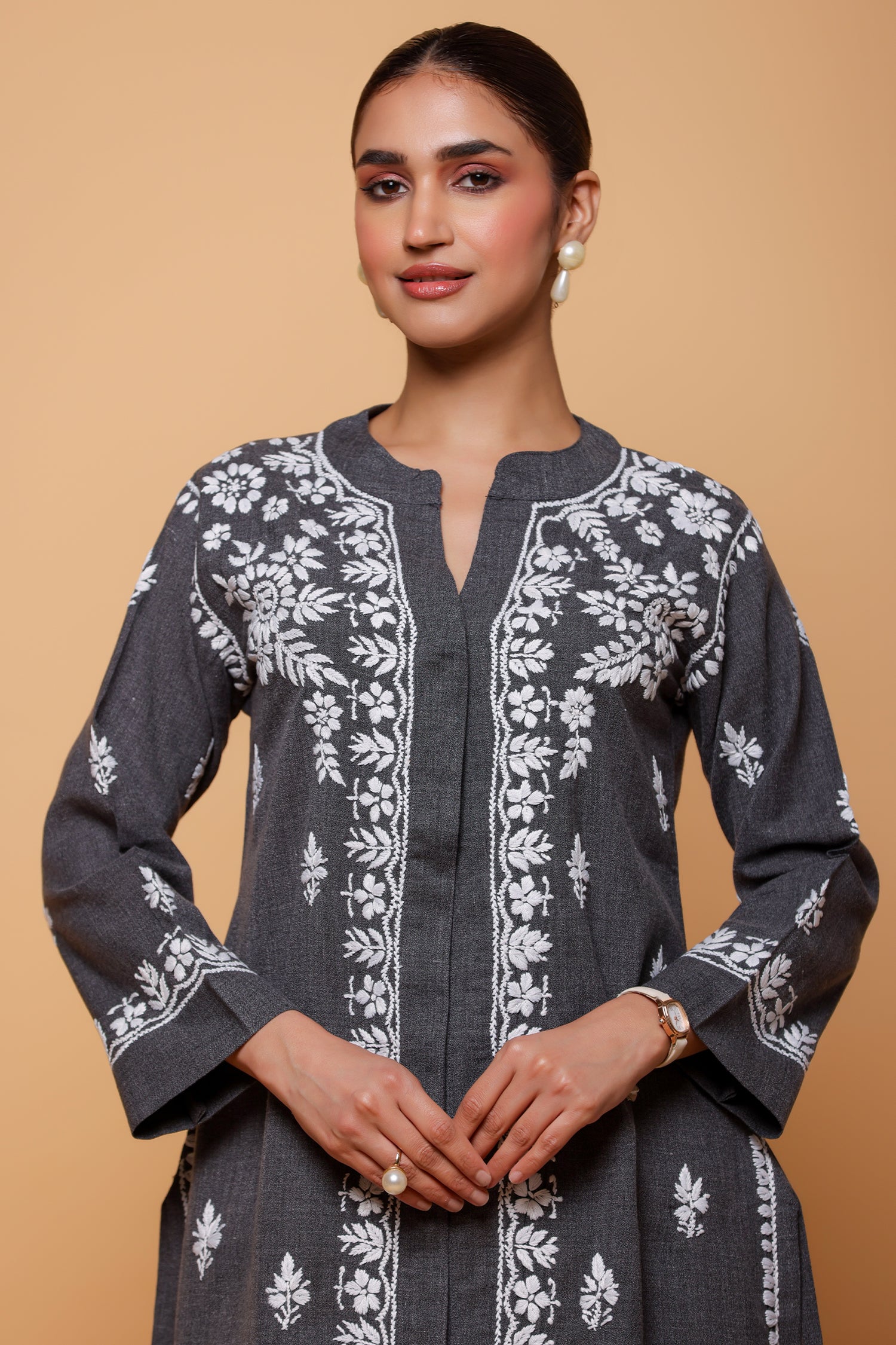 Denim Cotton Chikankari Kurta Set - Charcoal Grey