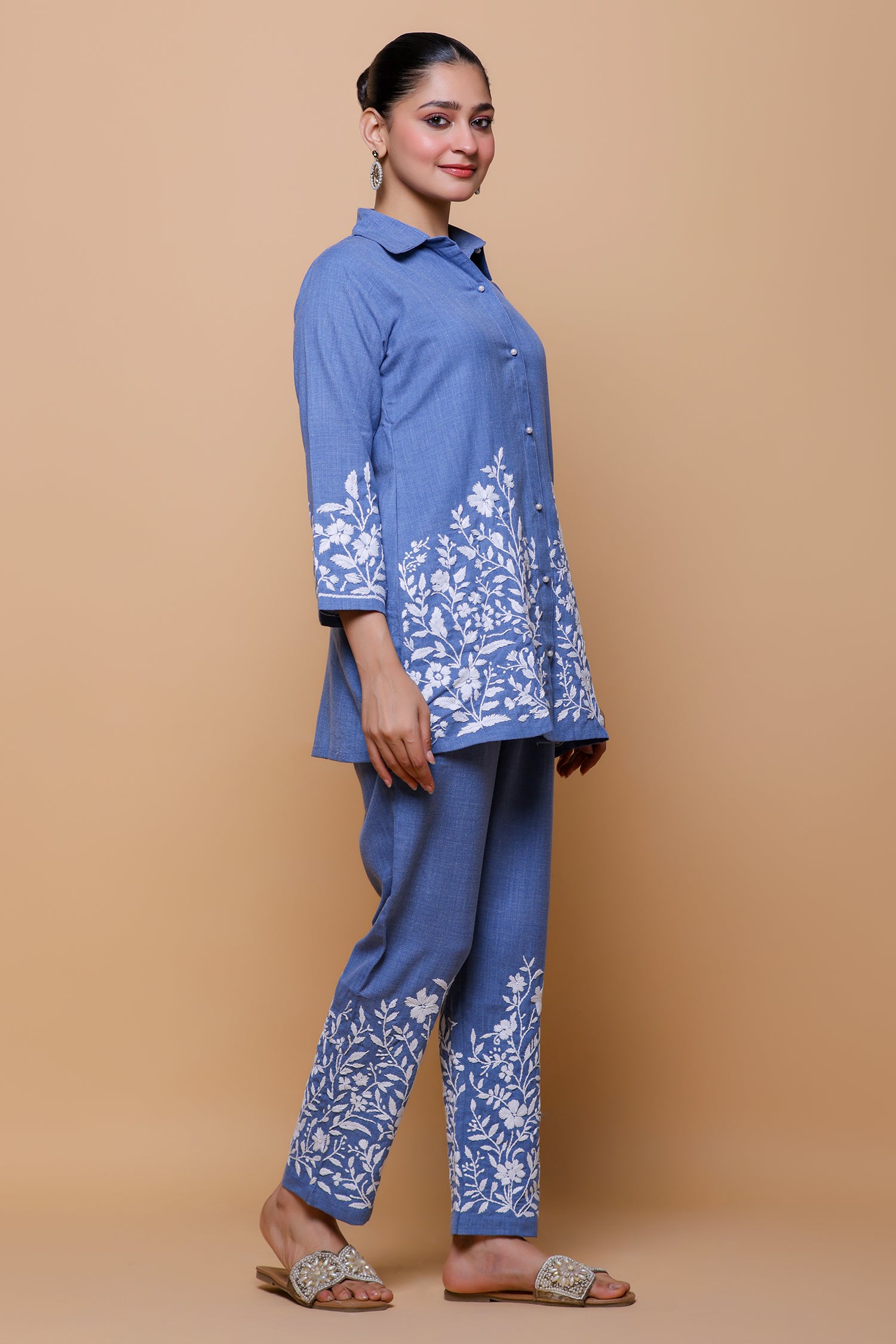 Denim Cotton Chikankari Kurta Set - Denim Blue