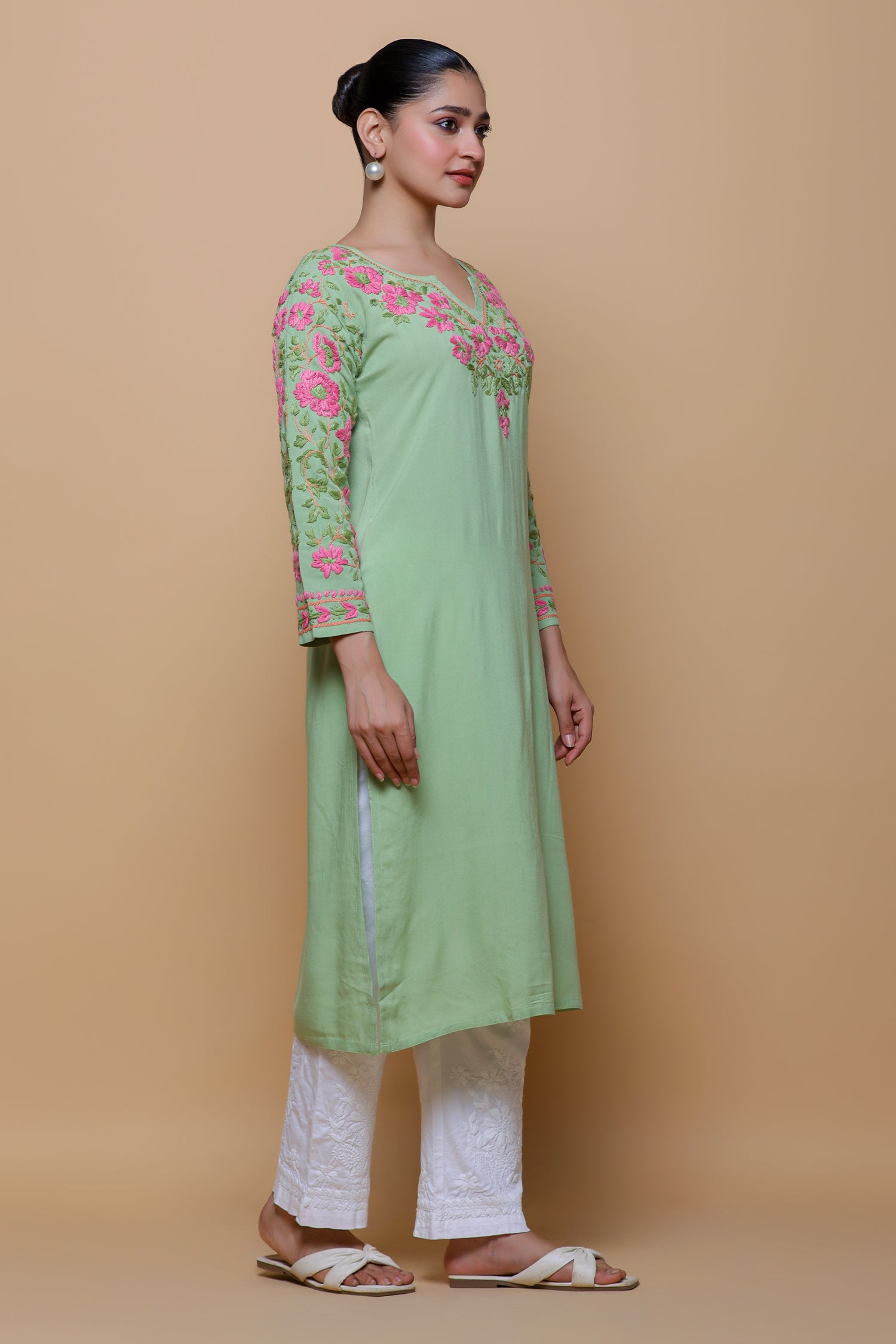 Rayon Chikankari Long Kurta – Pista Green