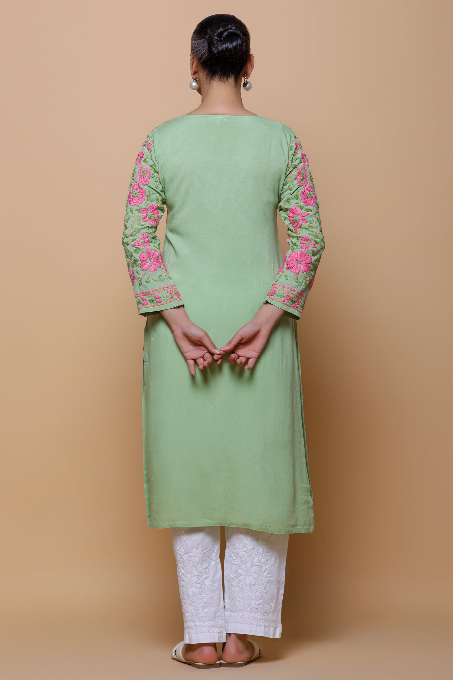 Rayon Chikankari Long Kurta – Pista Green