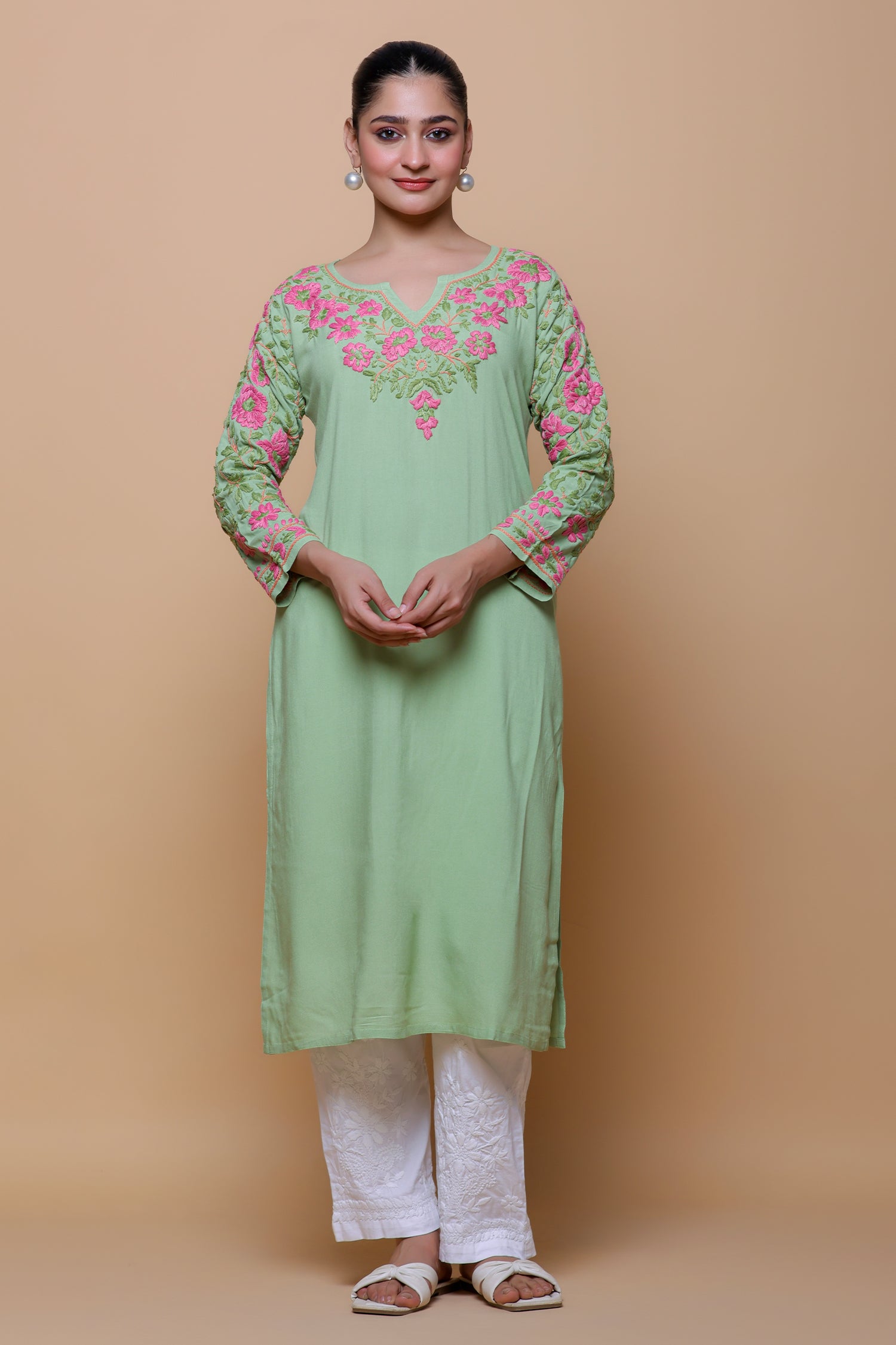 Rayon Chikankari Long Kurta – Pista Green