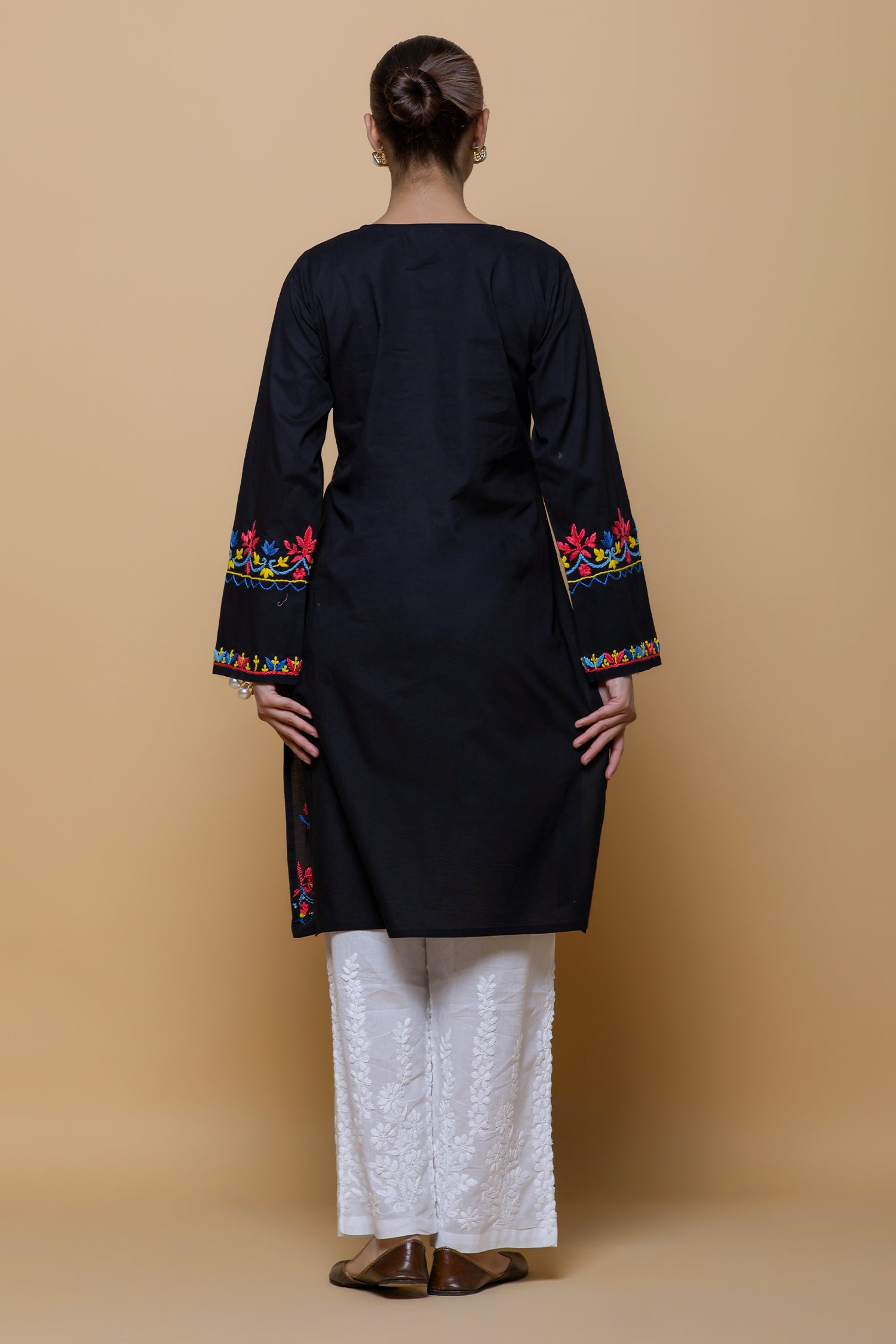 Cotton Chikankari Long Kurta - Black with Multicolour