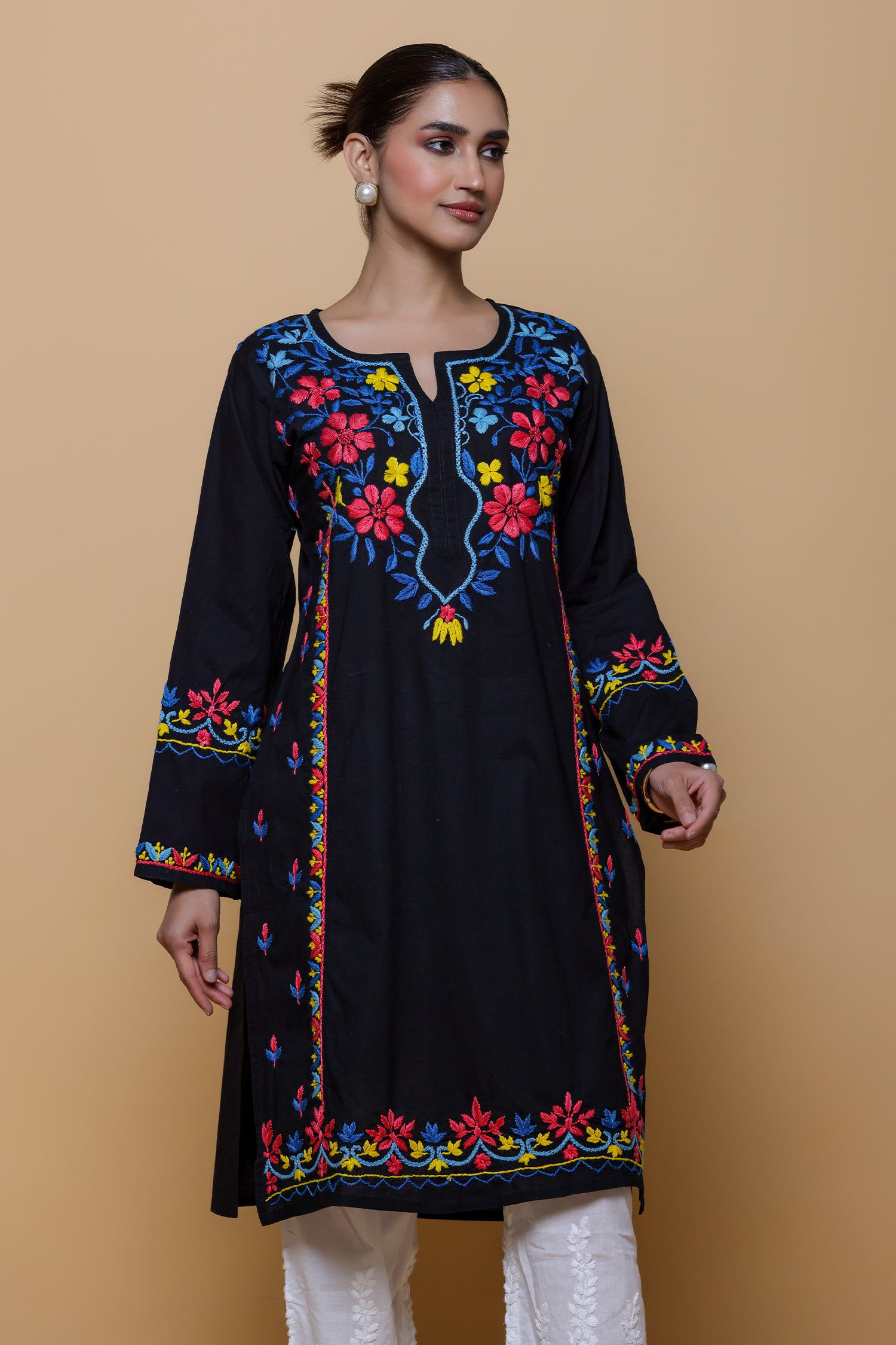 Cotton Chikankari Long Kurta - Black with Multicolour