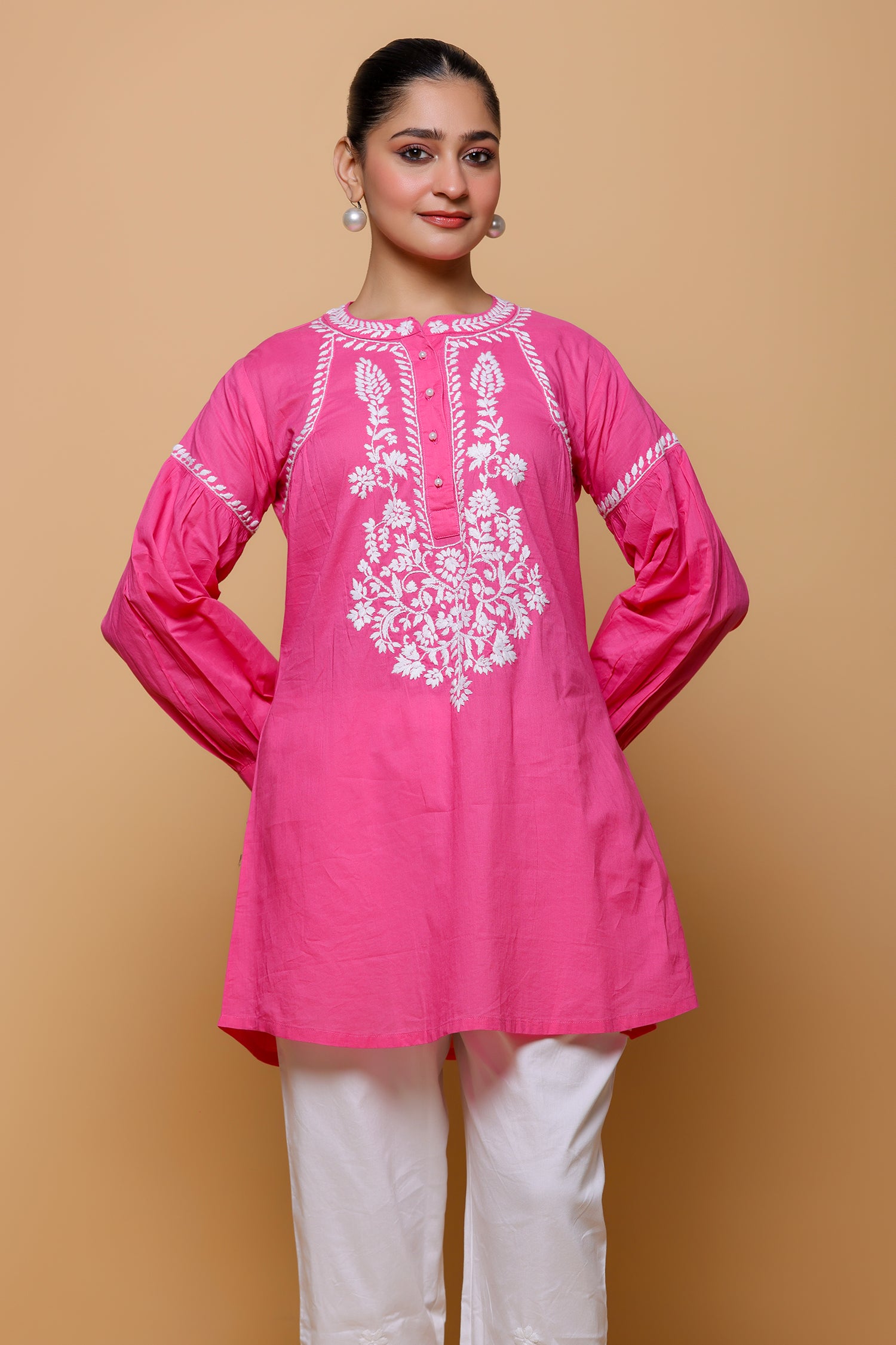 Cotton Chikankari Short Kurta - Pink