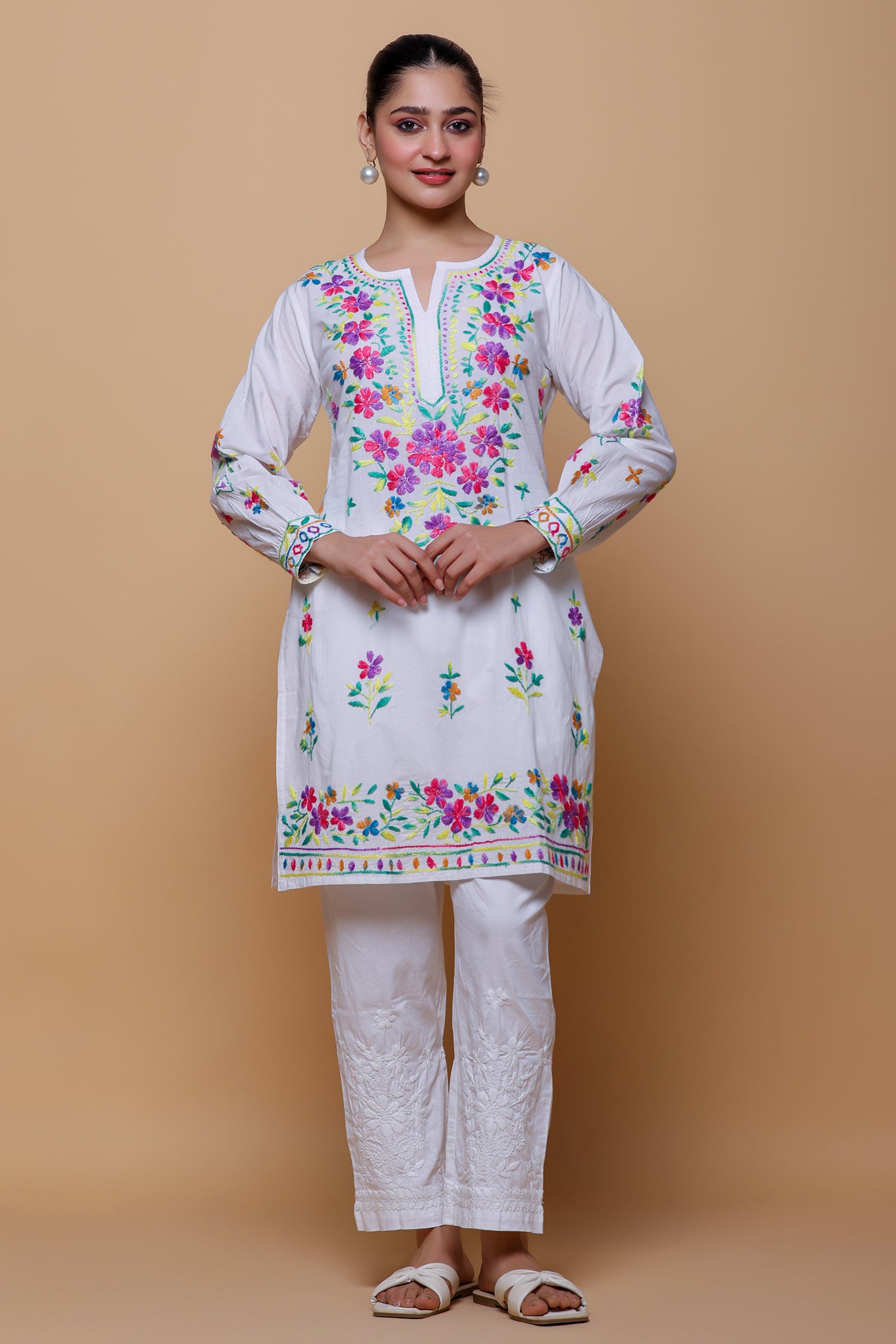 Cotton Chikankari Long Kurta - White