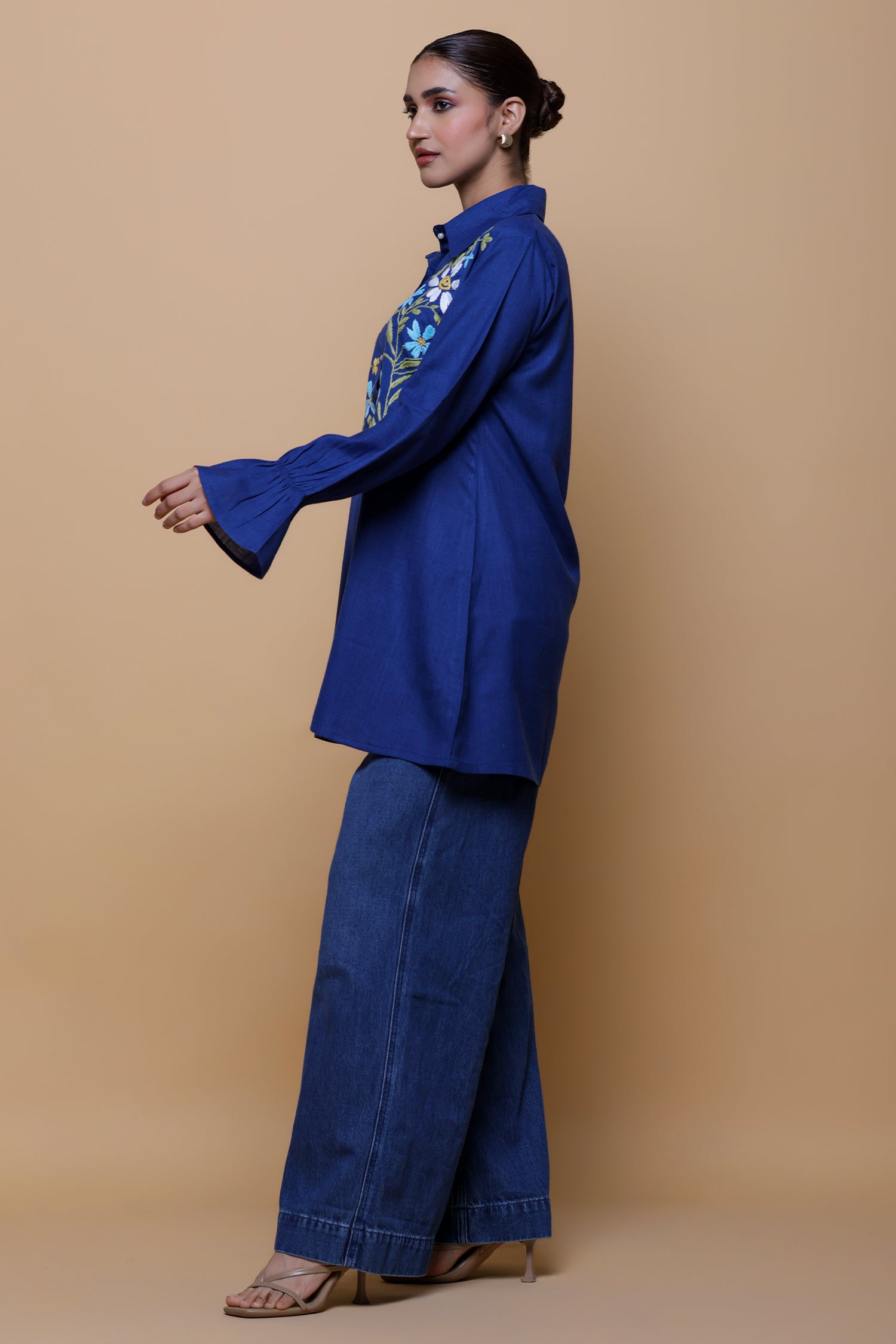 Denim Cotton Chikankari Shirt Kurta