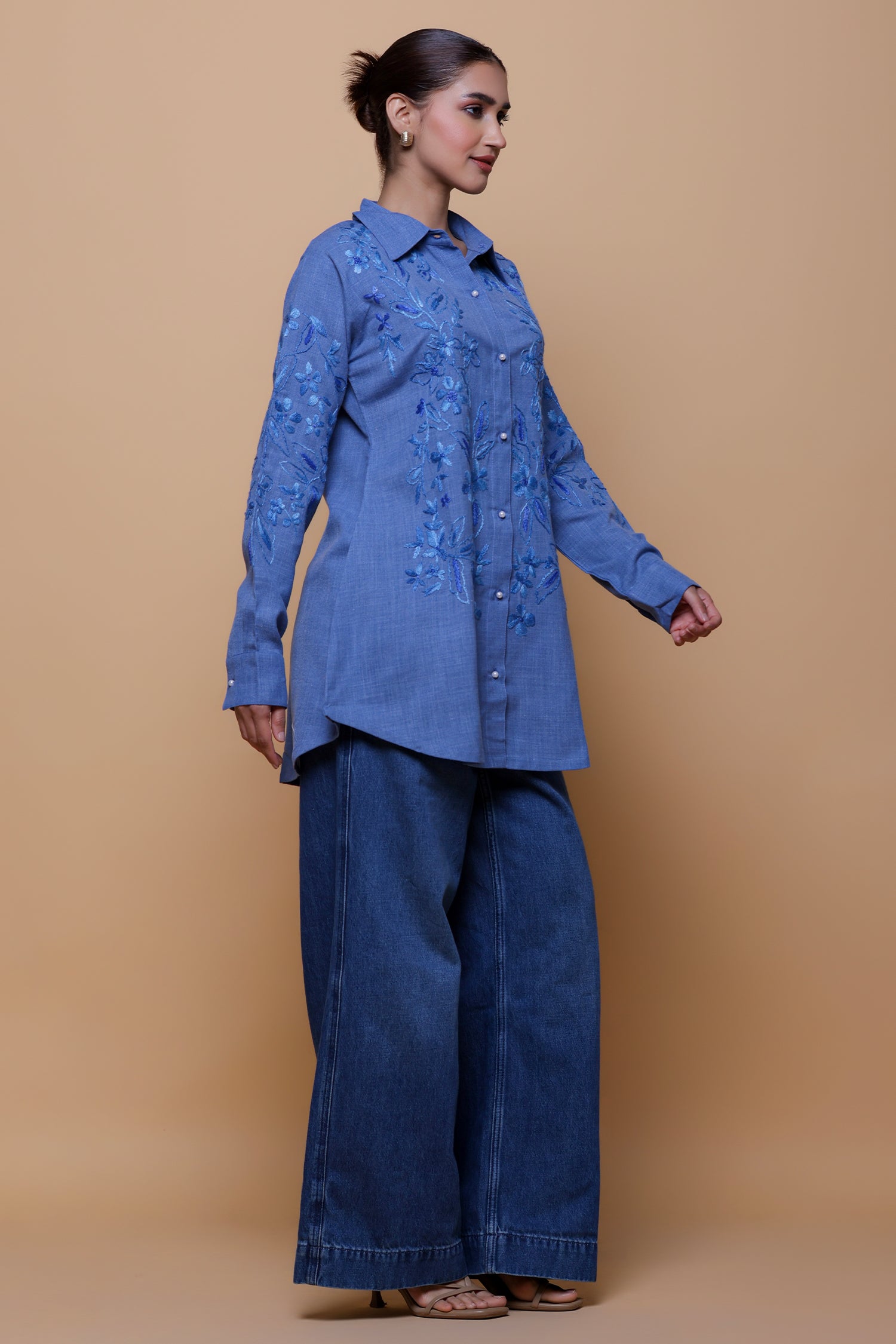 Denim Cotton Chikankari Shirt - Blue