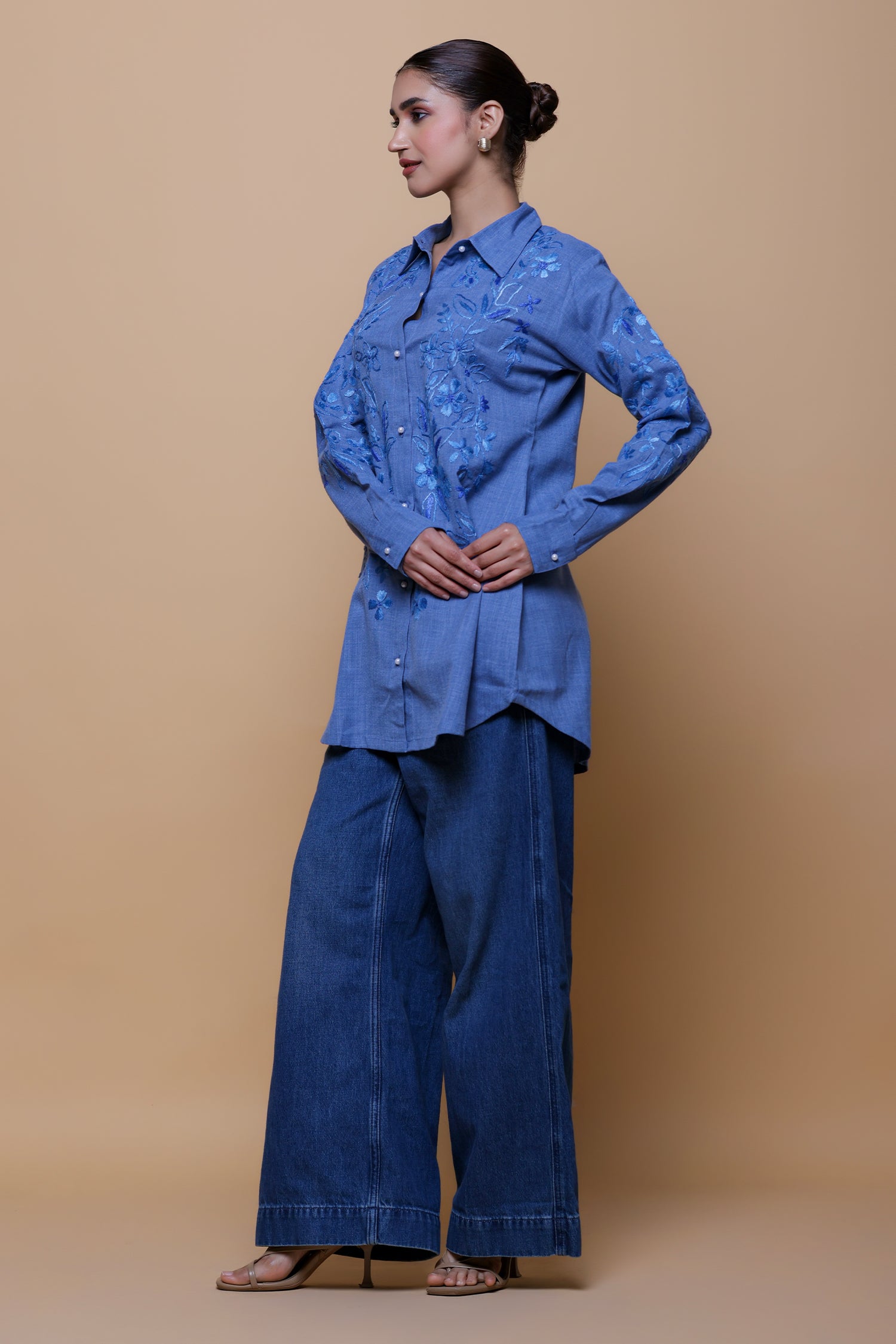 Denim Cotton Chikankari Shirt - Blue
