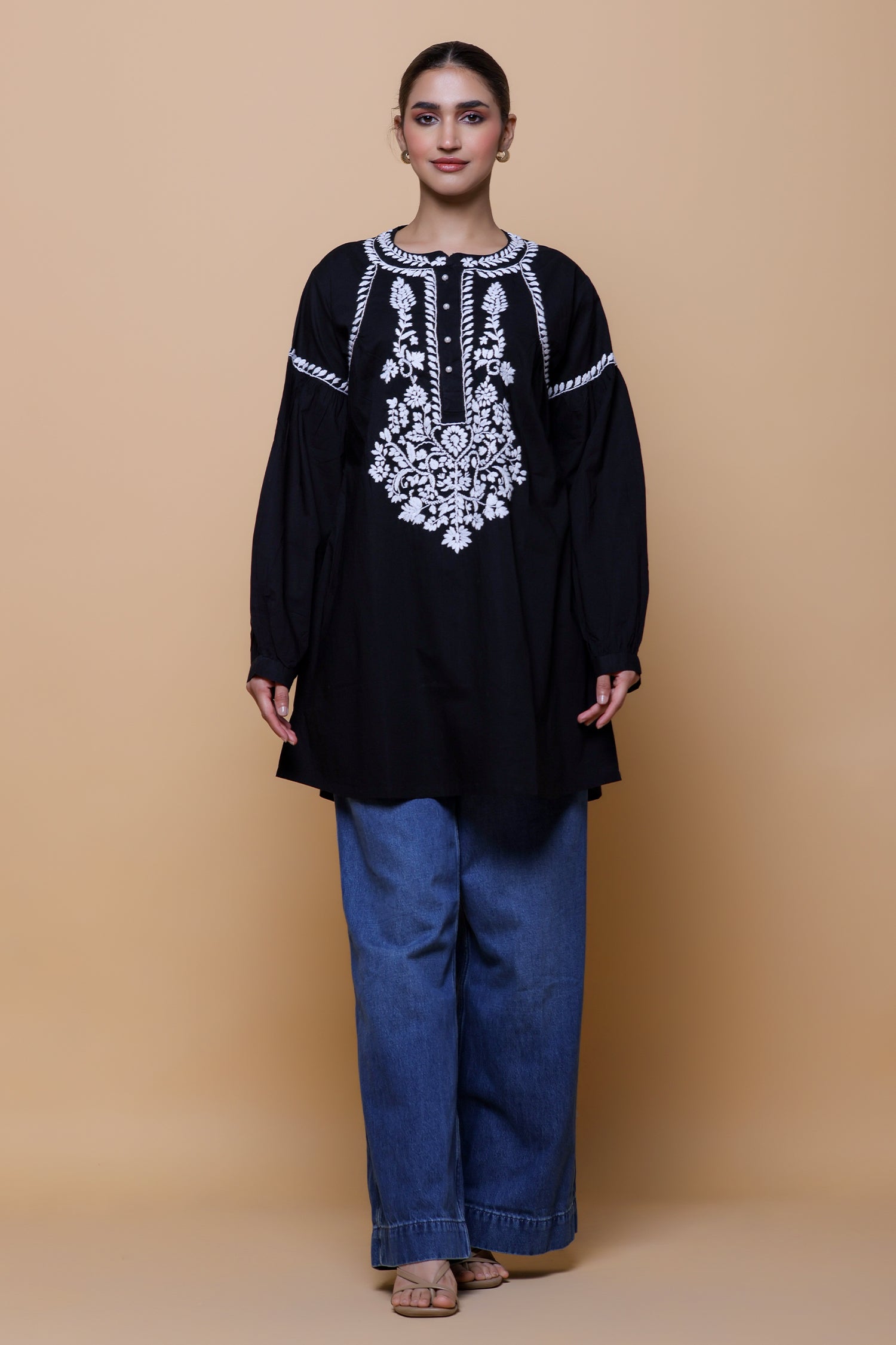 Cotton Chikankari Short Kurta - Black