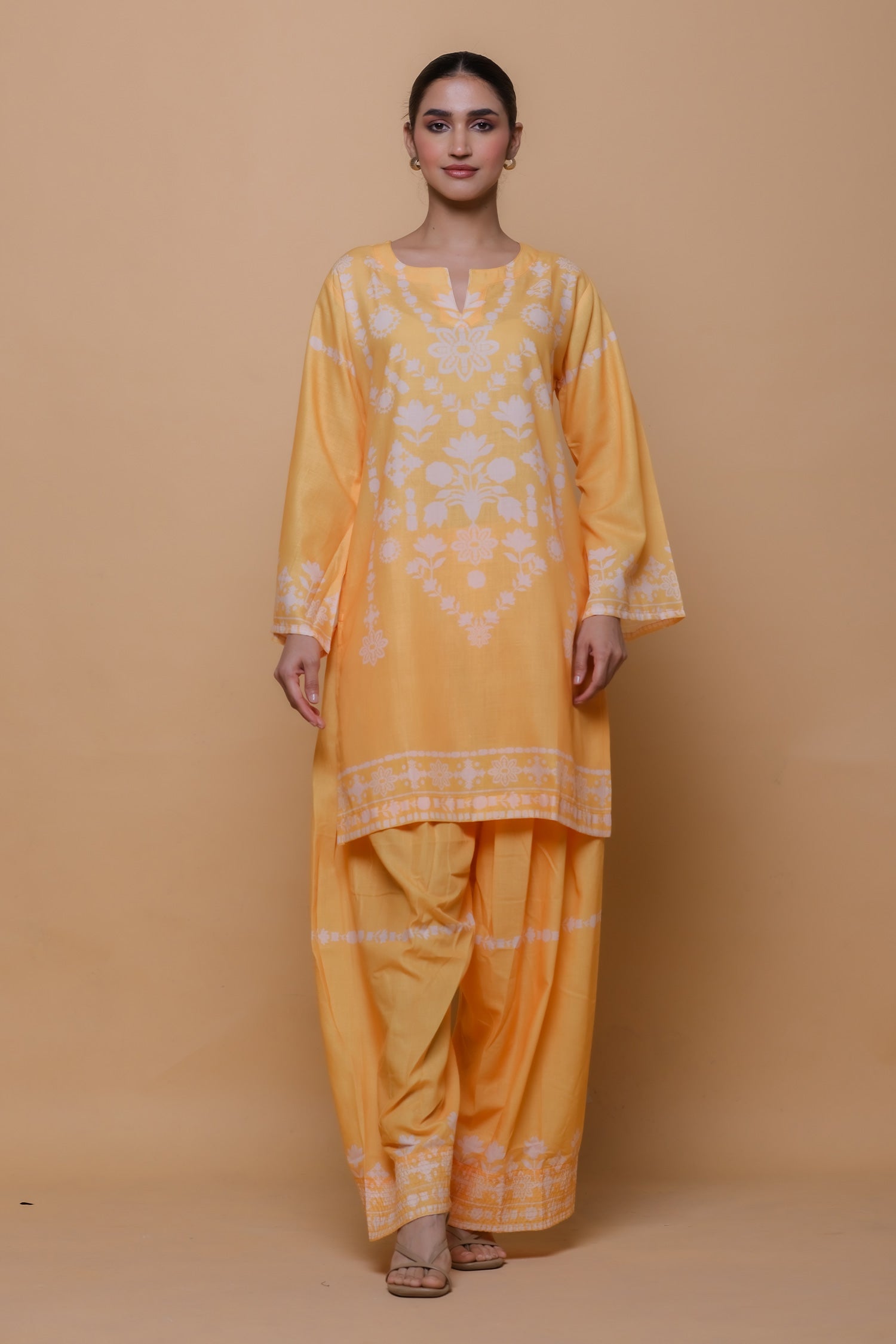 Sunshine Yellow Printed Lawn Cotton Kurta Set with Farsi Pants