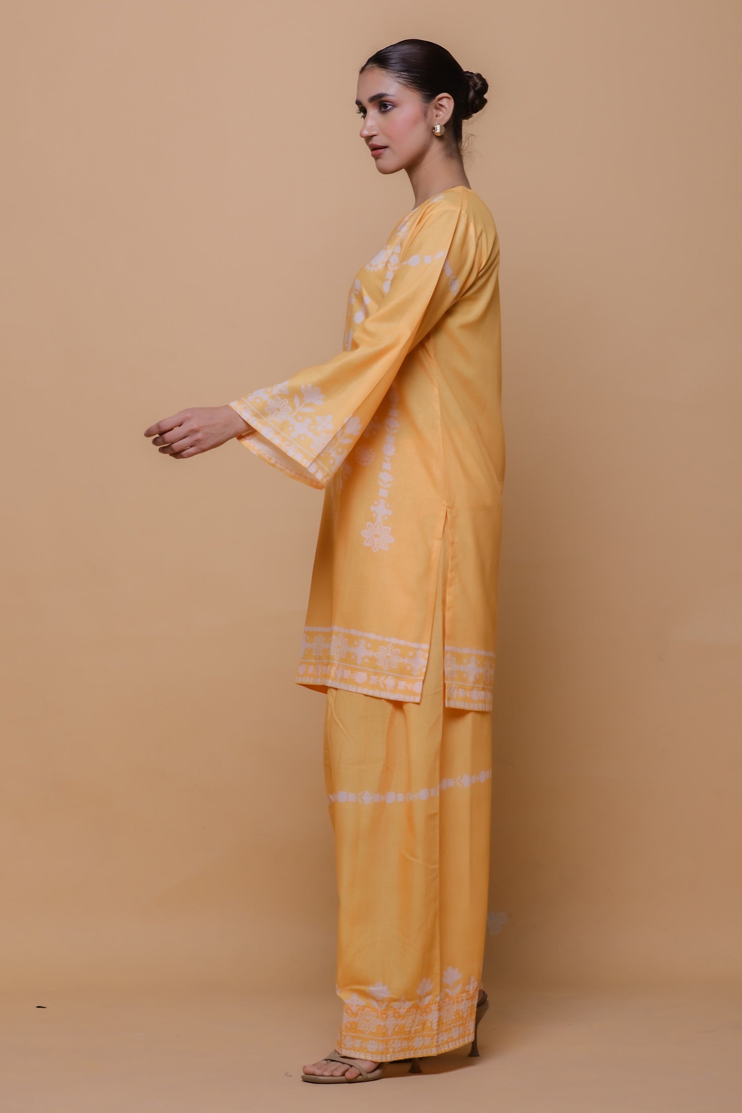 Sunshine Yellow Printed Lawn Cotton Kurta Set with Farsi Pants