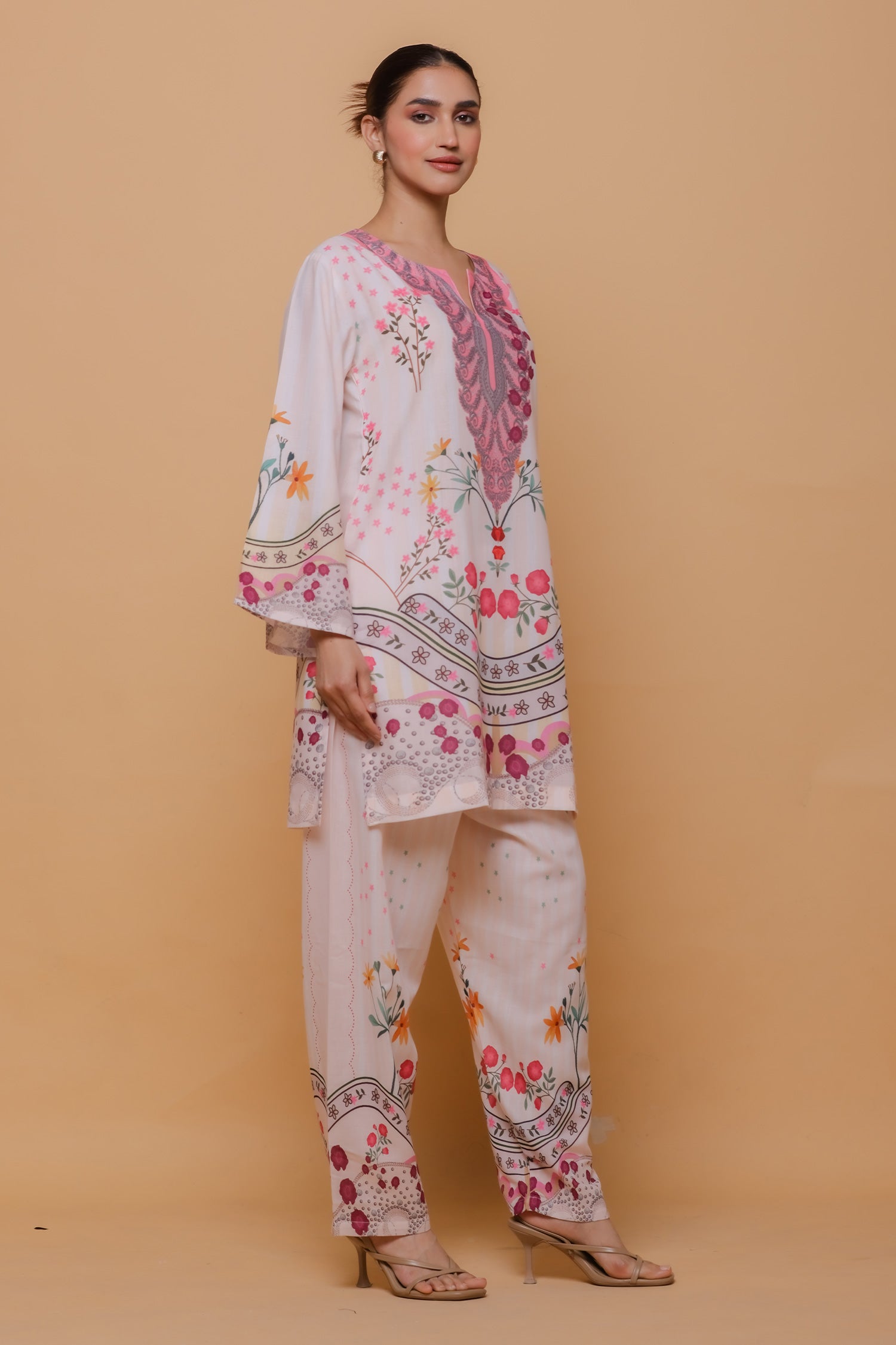 Ivory Floral Printed Lawn Cotton Kurta Set with Straight Pants