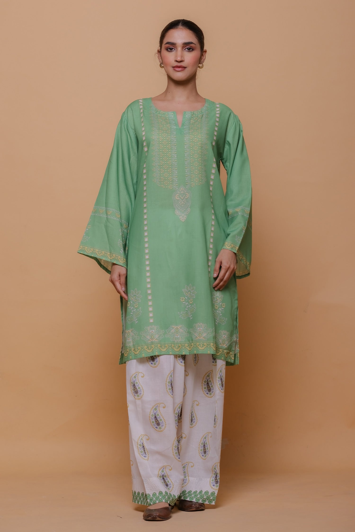 Green Printed Lawn Cotton Kurta Set with Farsi Pants
