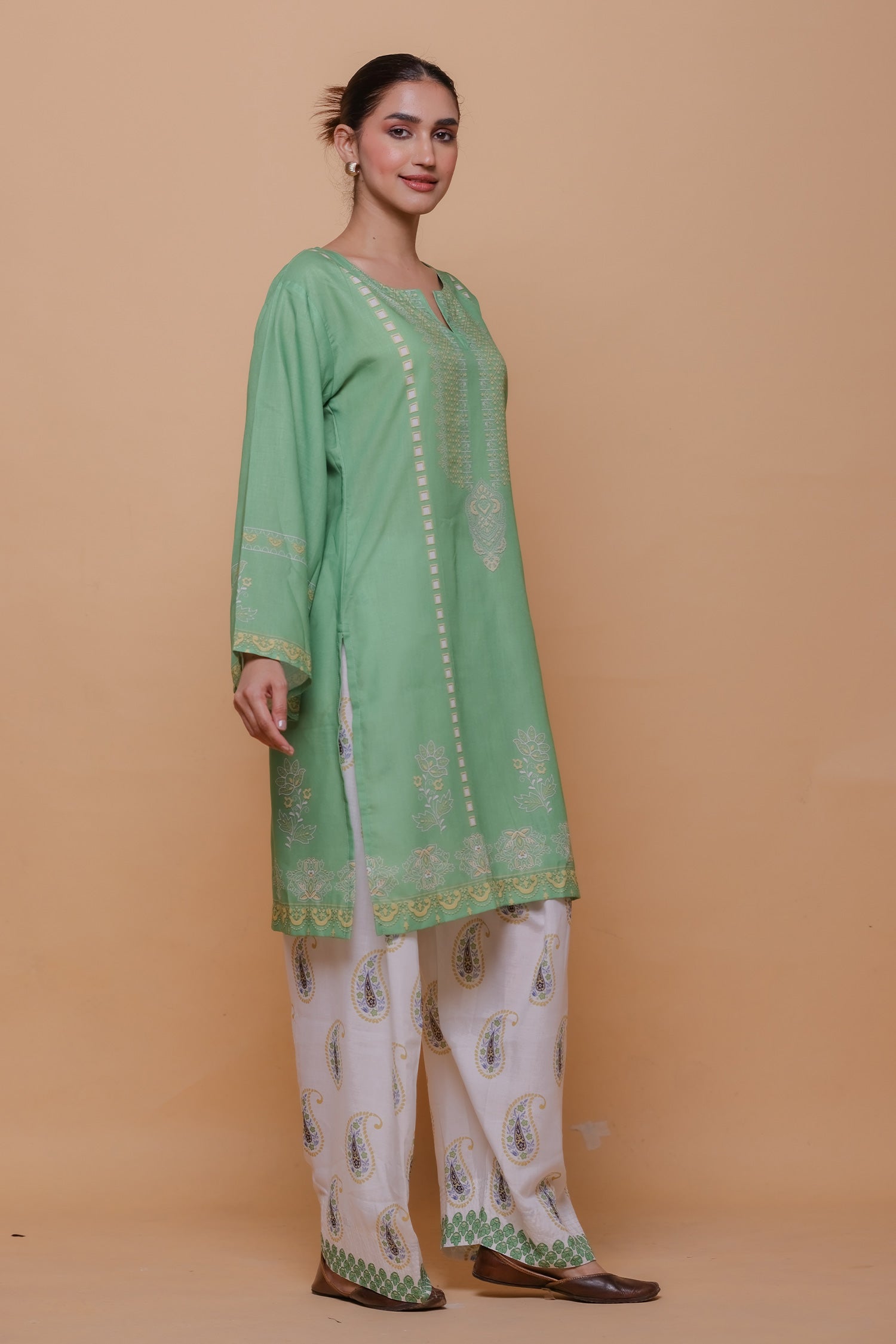 Green Printed Lawn Cotton Kurta Set with Farsi Pants
