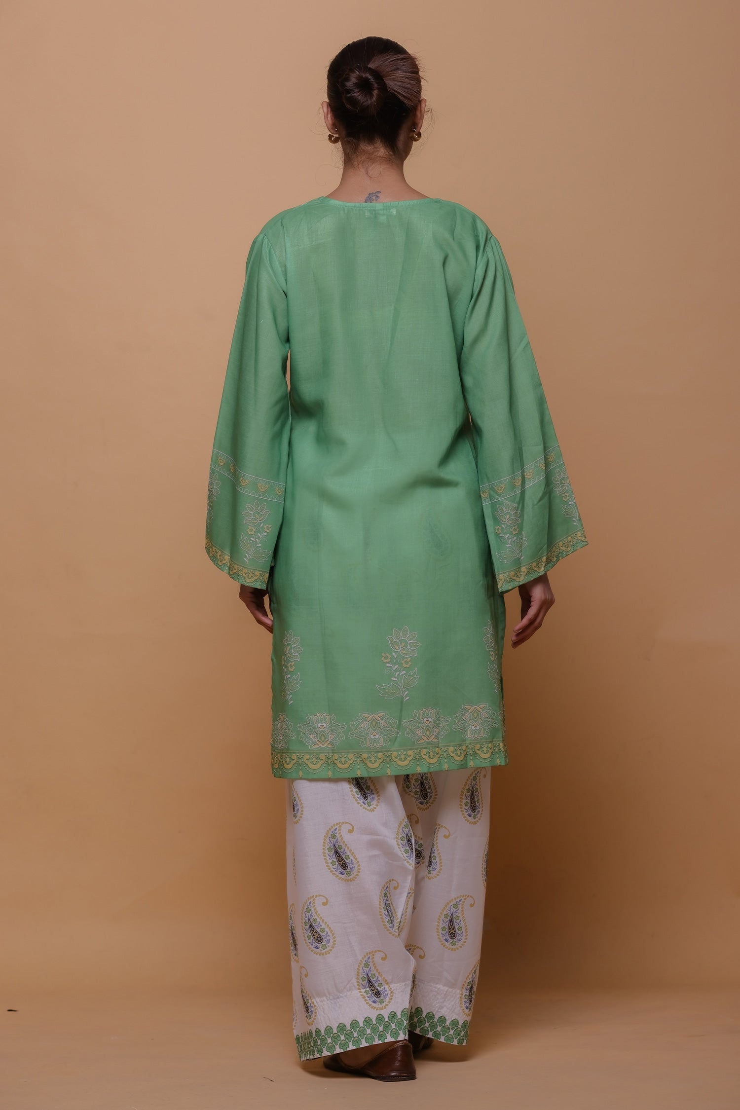 Green Printed Lawn Cotton Kurta Set with Farsi Pants