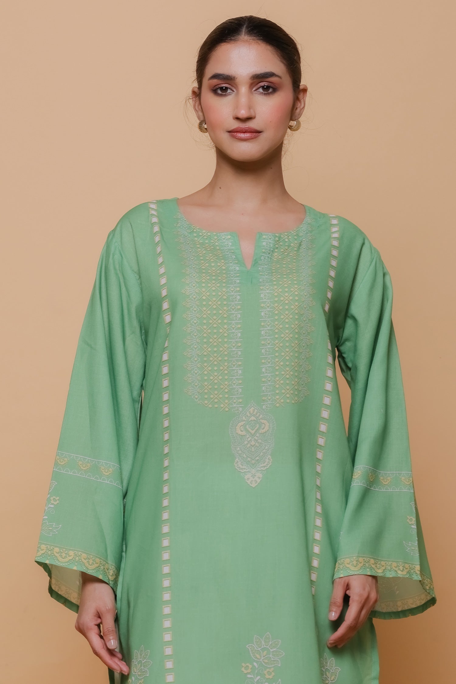 Green Printed Lawn Cotton Kurta Set with Farsi Pants