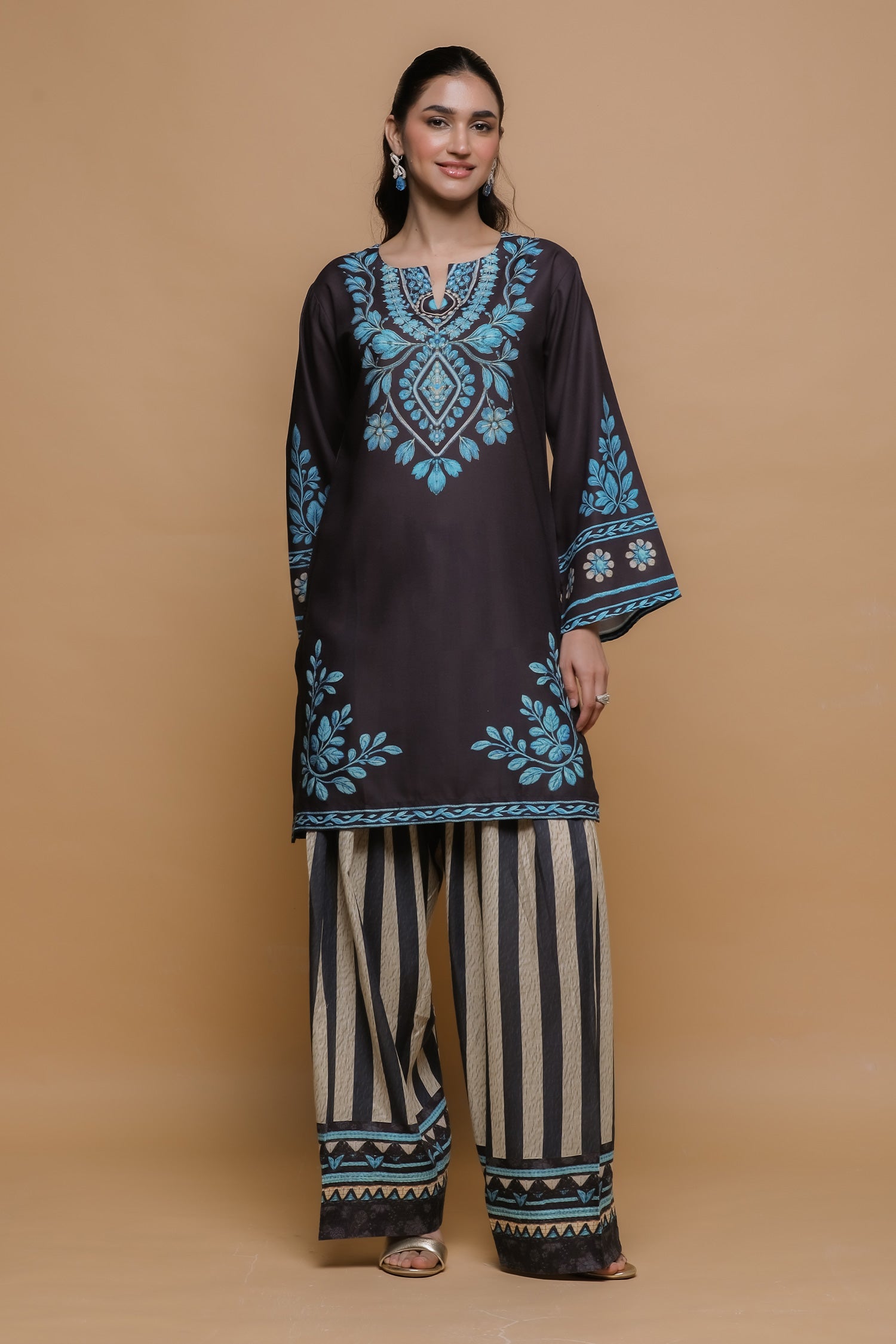 Black & Teal Printed Lawn Cotton Kurta Set with Farsi Pants