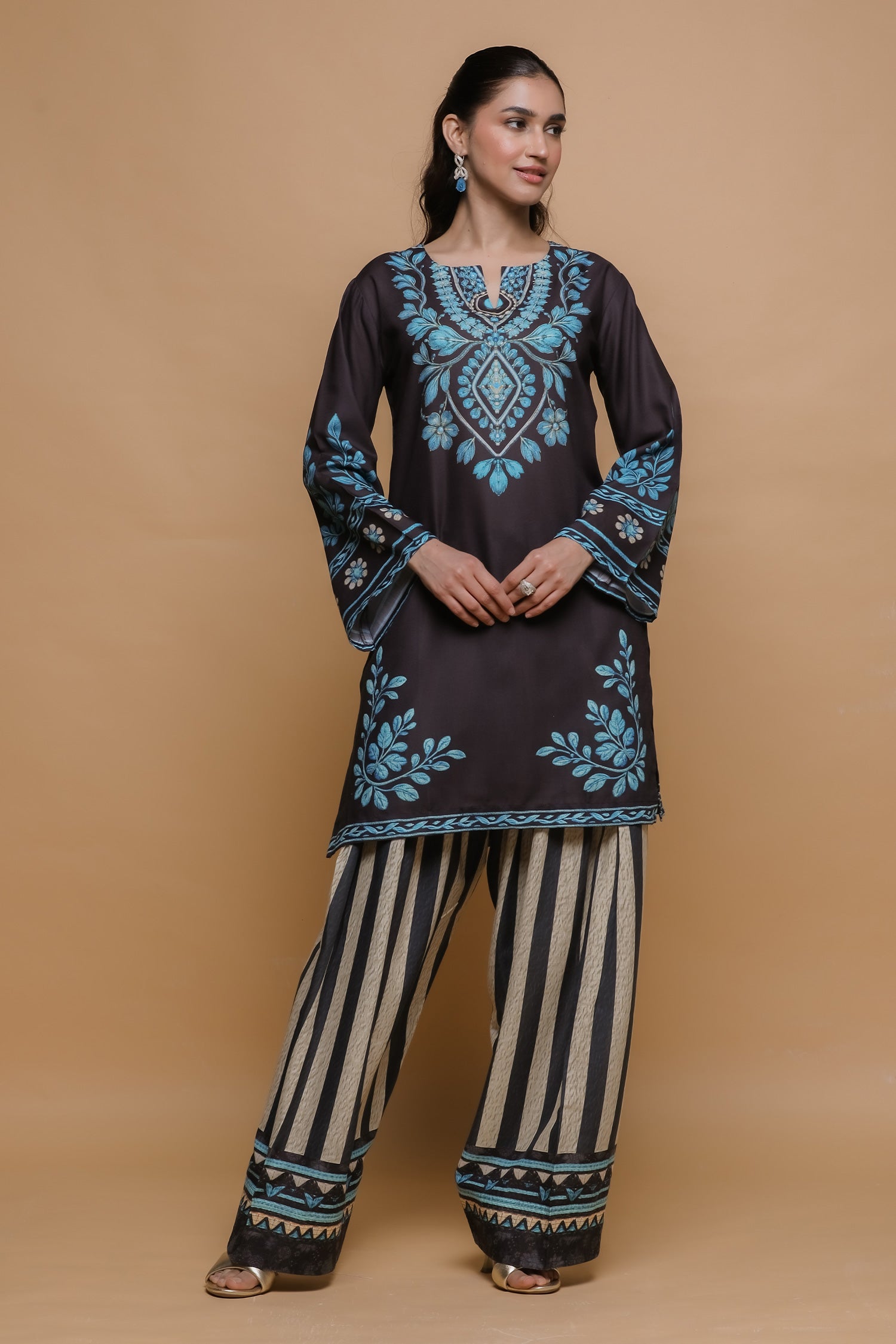 Black & Teal Printed Lawn Cotton Kurta Set with Farsi Pants