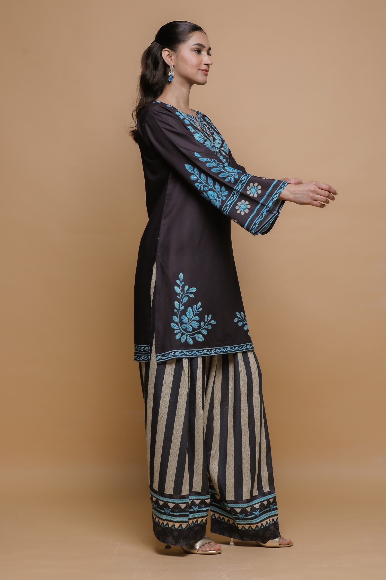Black & Teal Printed Lawn Cotton Kurta Set with Farsi Pants