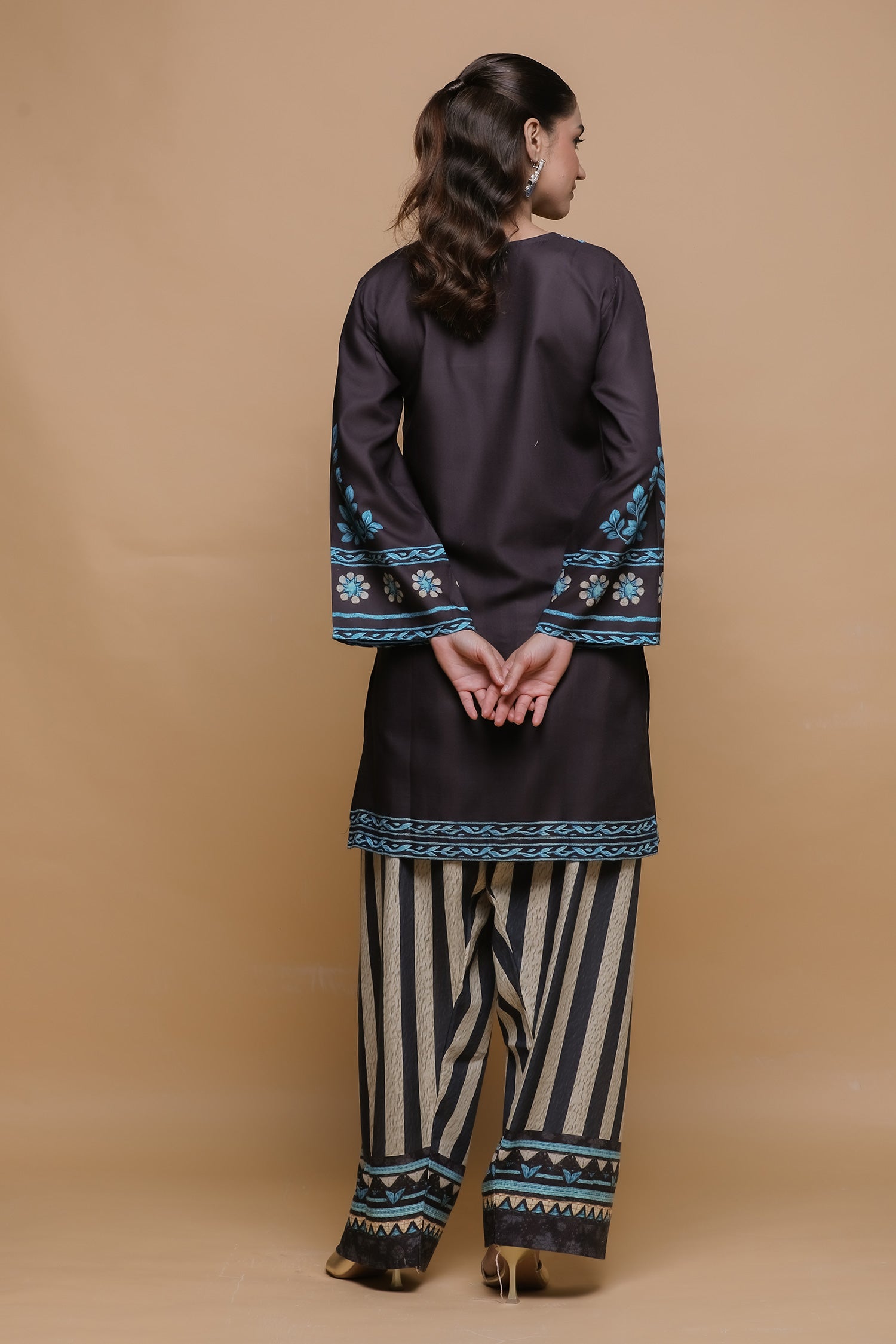 Black & Teal Printed Lawn Cotton Kurta Set with Farsi Pants