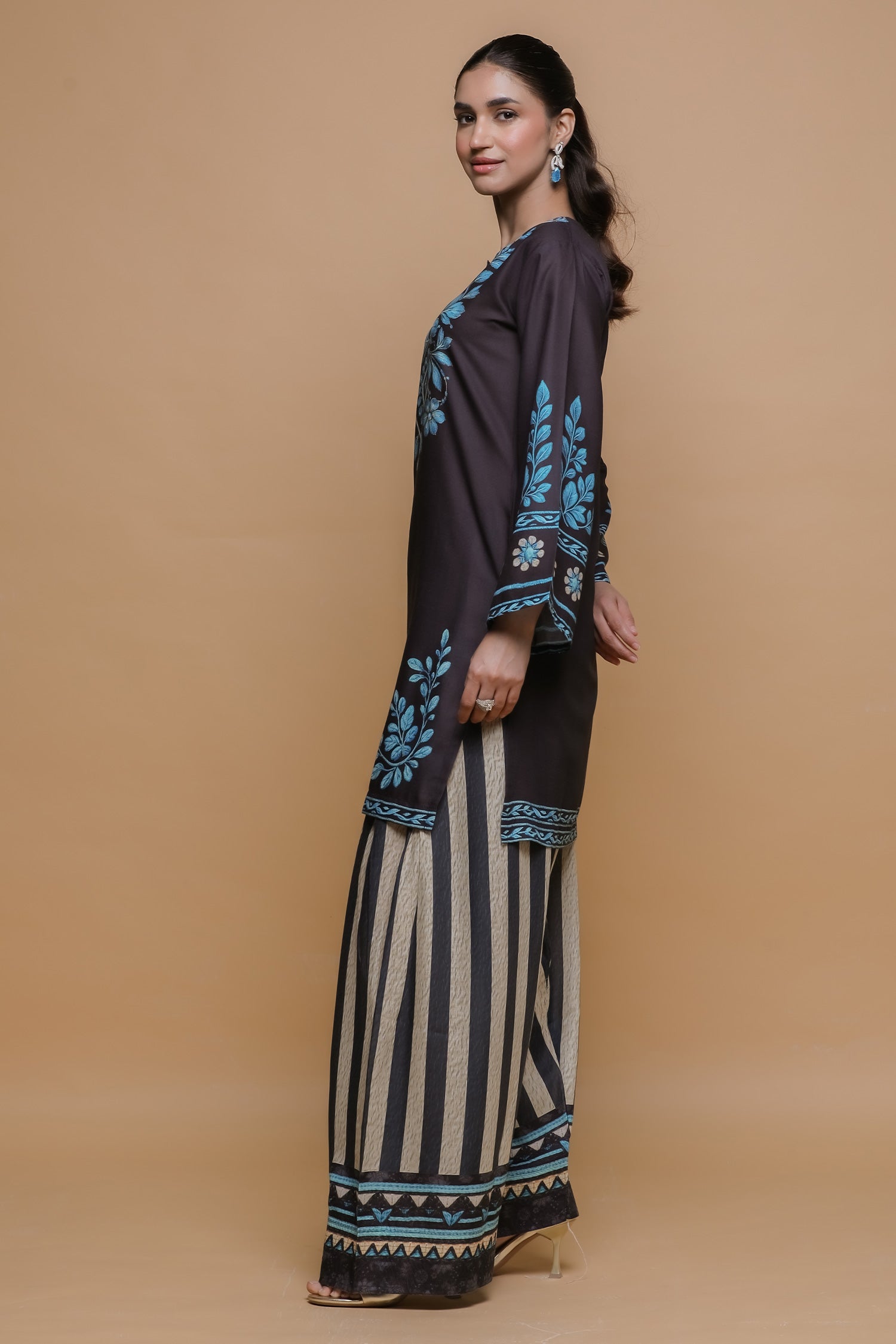 Black & Teal Printed Lawn Cotton Kurta Set with Farsi Pants
