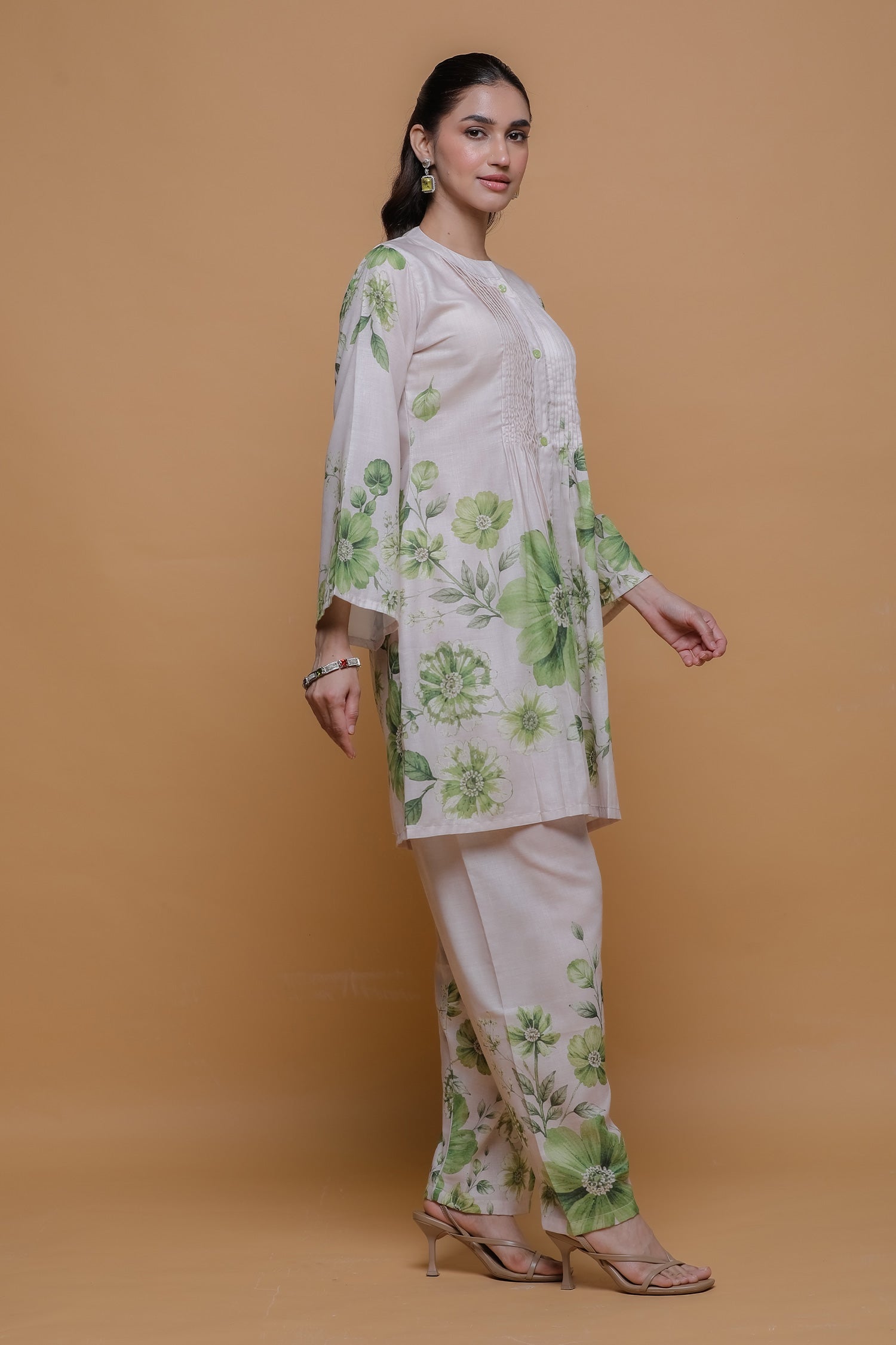 Ivory & Sage Green Printed Lawn Cotton Kurta Set with Straight Pants