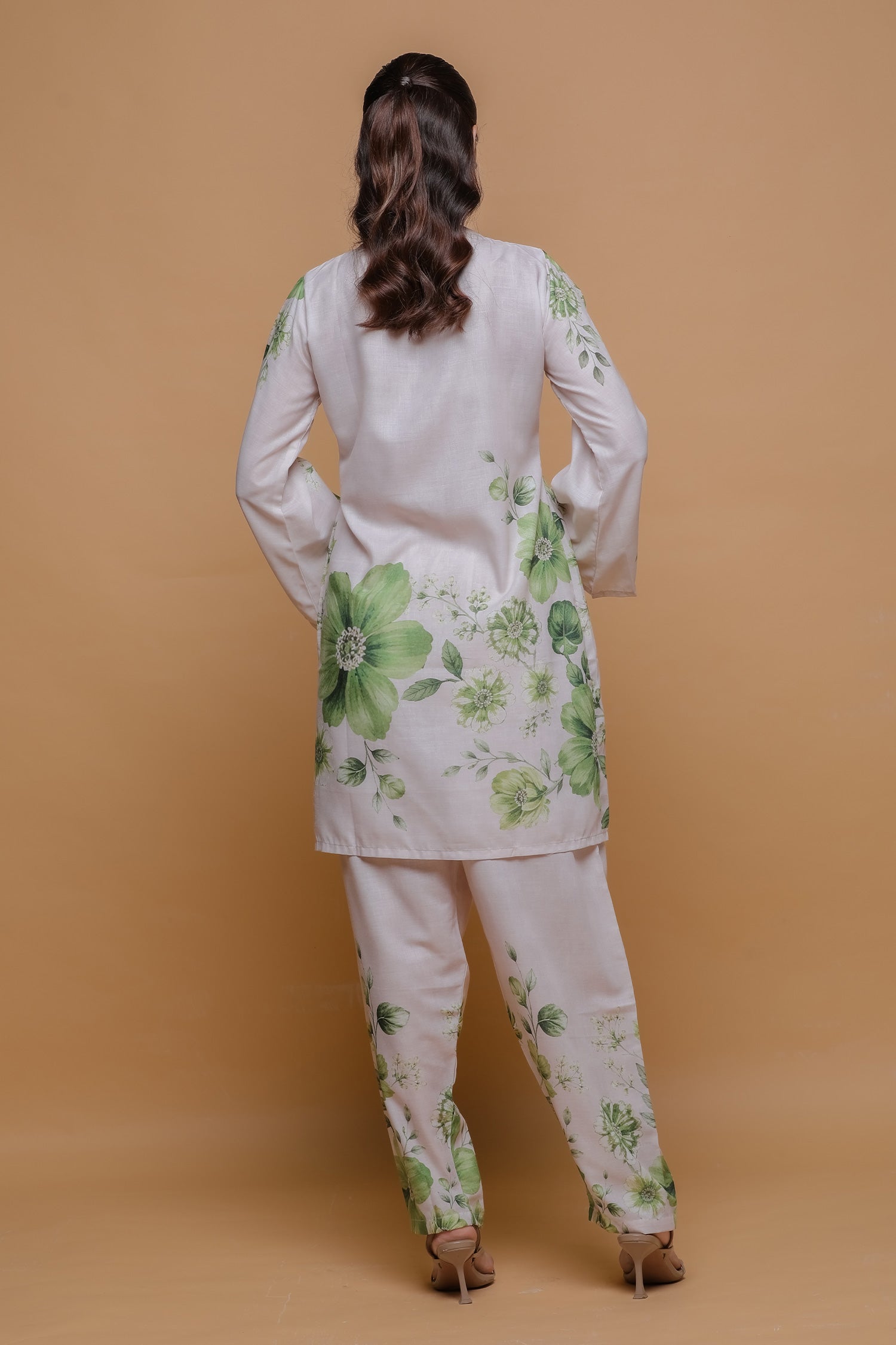 Ivory & Sage Green Printed Lawn Cotton Kurta Set with Straight Pants