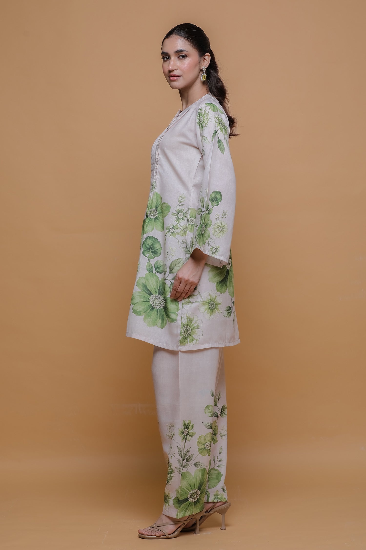 Ivory & Sage Green Printed Lawn Cotton Kurta Set with Straight Pants