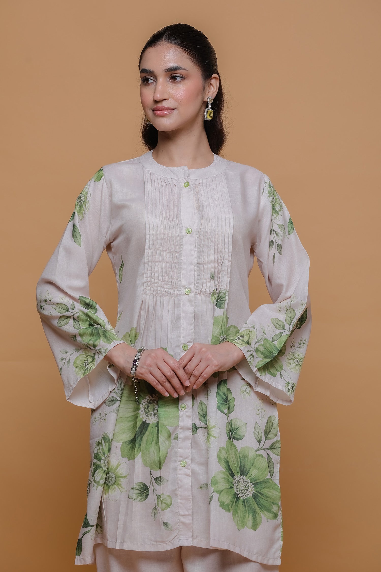 Ivory & Sage Green Printed Lawn Cotton Kurta Set with Straight Pants
