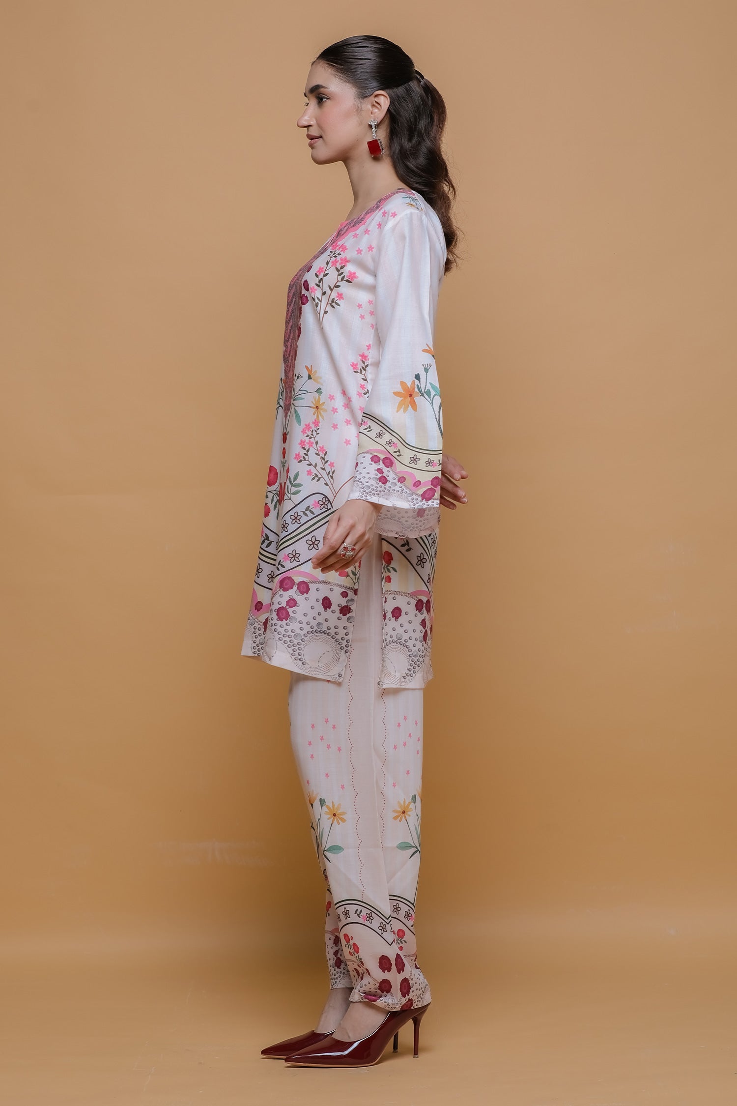 Ivory Floral Printed Lawn Cotton Kurta Set with Straight Pants