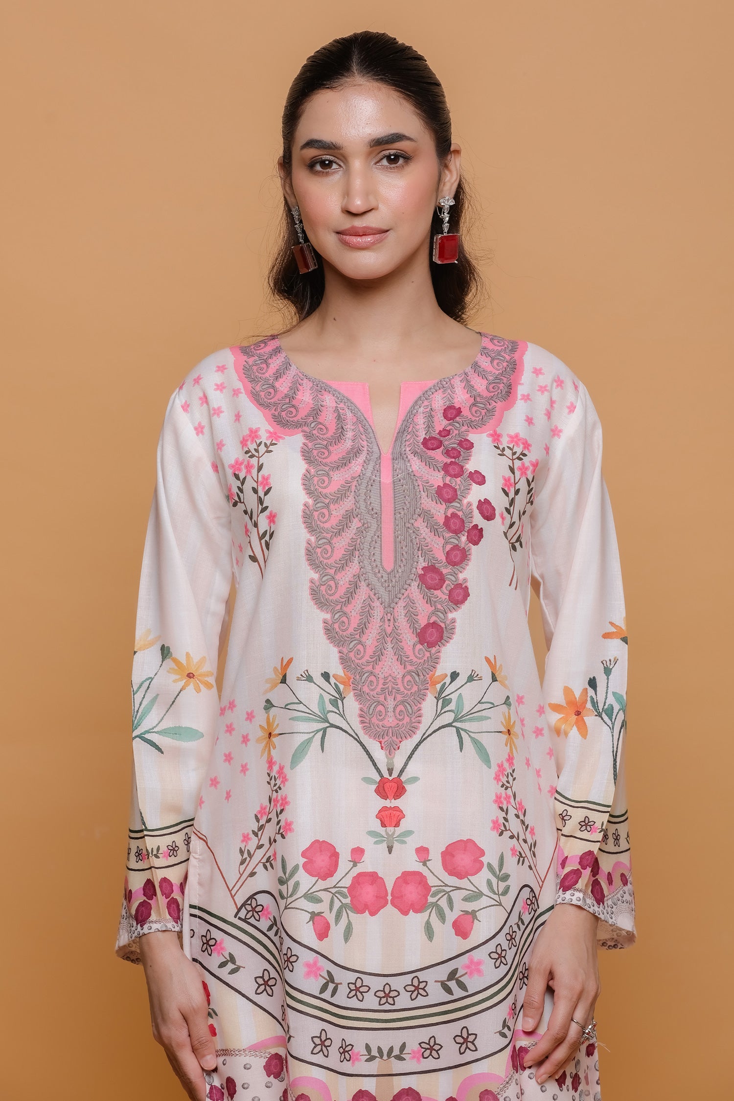 Ivory Floral Printed Lawn Cotton Kurta Set with Straight Pants
