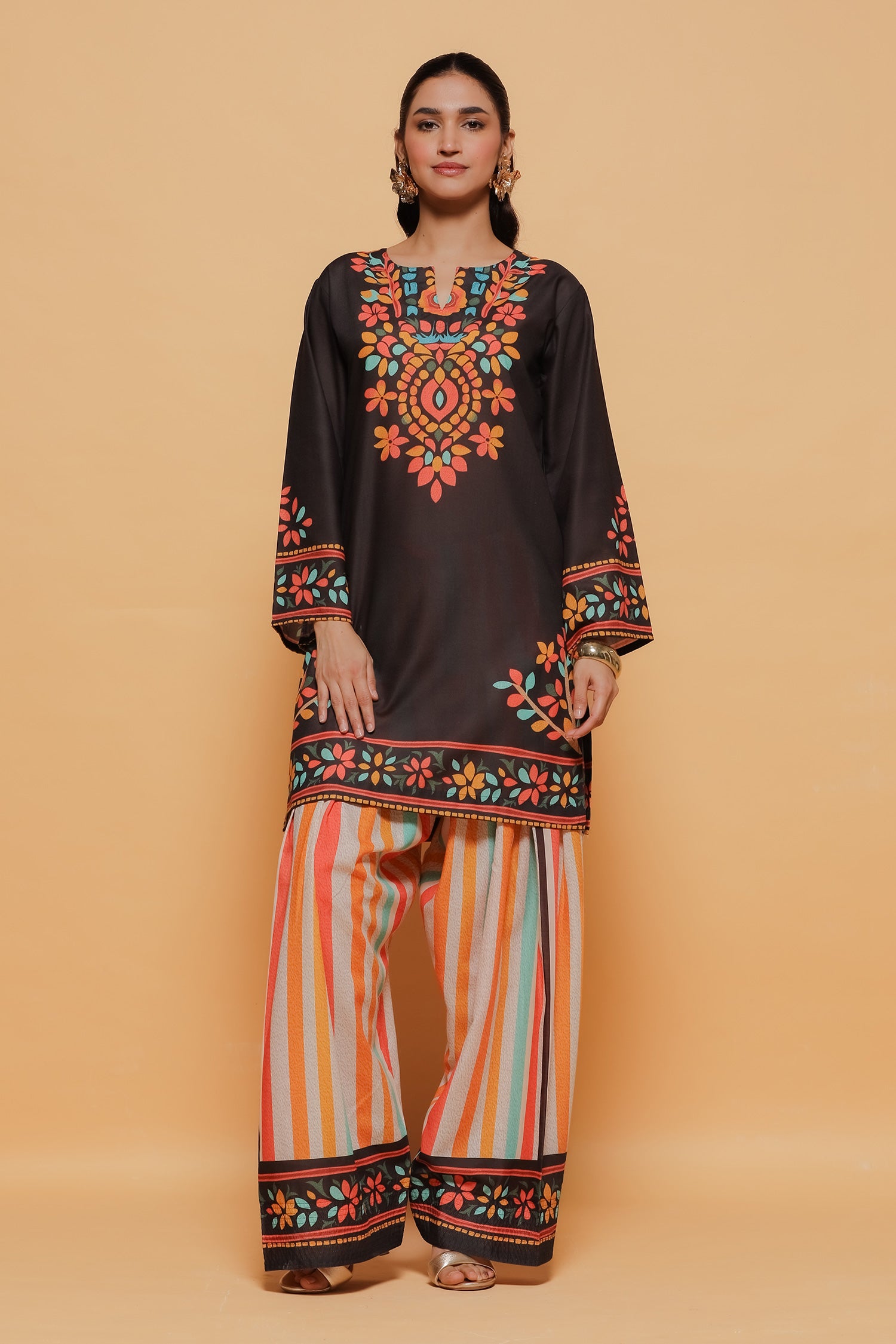 Black Multicolour Printed Lawn Cotton Kurta Set with Farsi Pants
