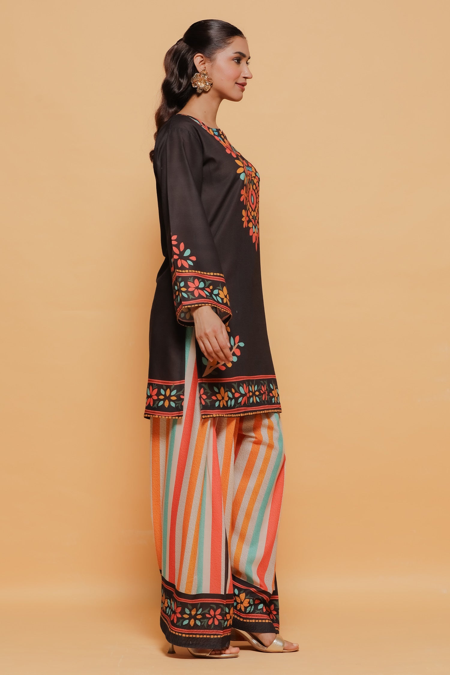 Black Multicolour Printed Lawn Cotton Kurta Set with Farsi Pants