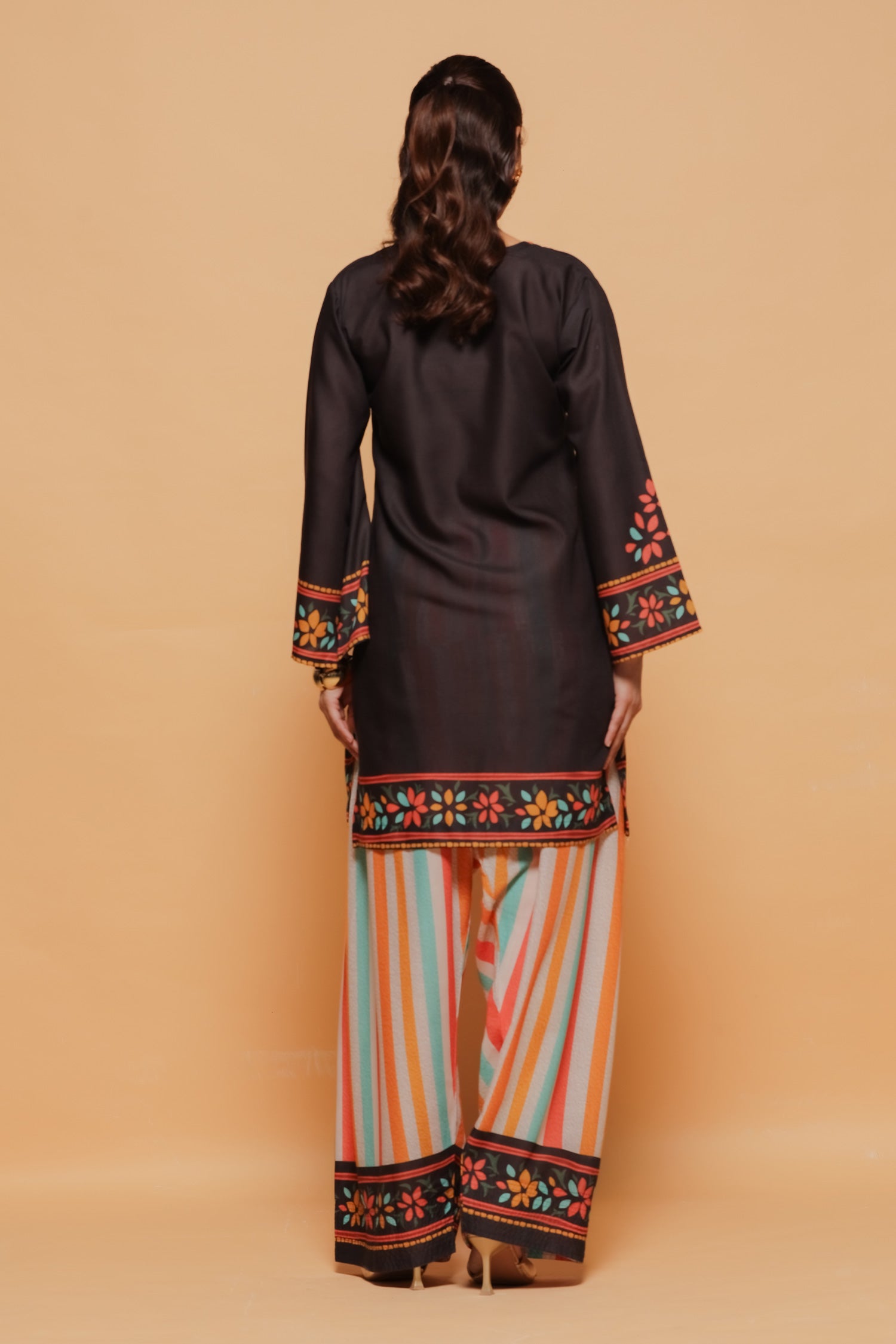 Black Multicolour Printed Lawn Cotton Kurta Set with Farsi Pants