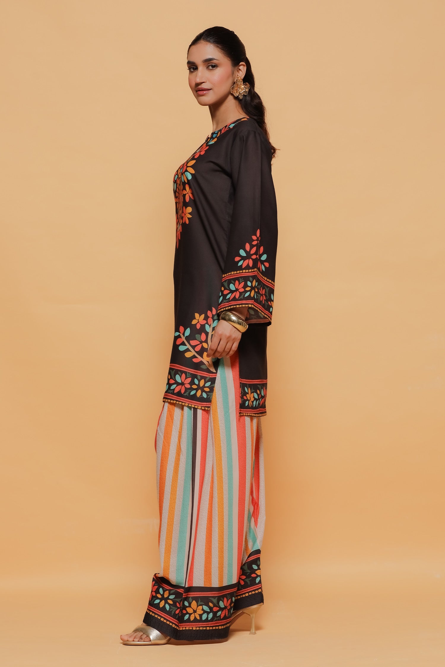 Black Multicolour Printed Lawn Cotton Kurta Set with Farsi Pants