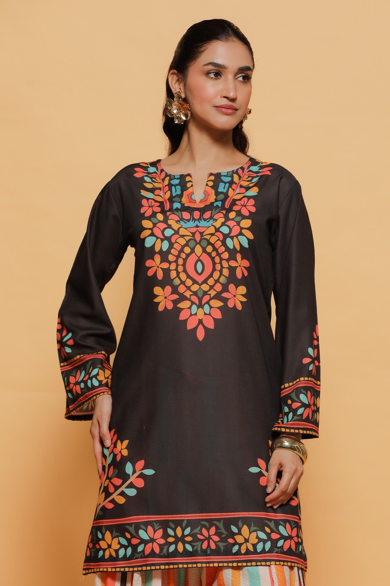 Black Multicolour Printed Lawn Cotton Kurta Set with Farsi Pants
