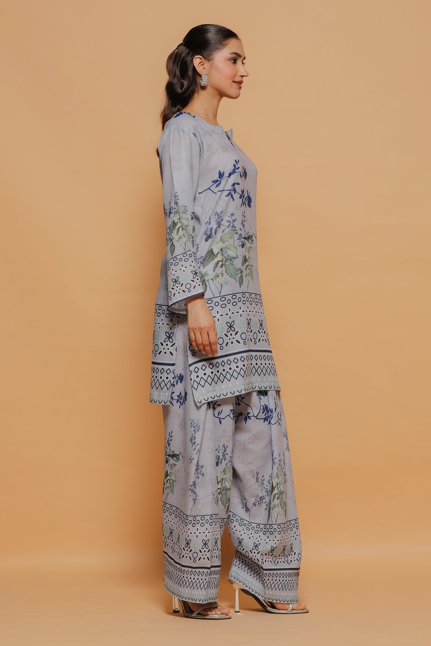 Grey Printed Lawn Cotton Kurta Set with Farsi Pants